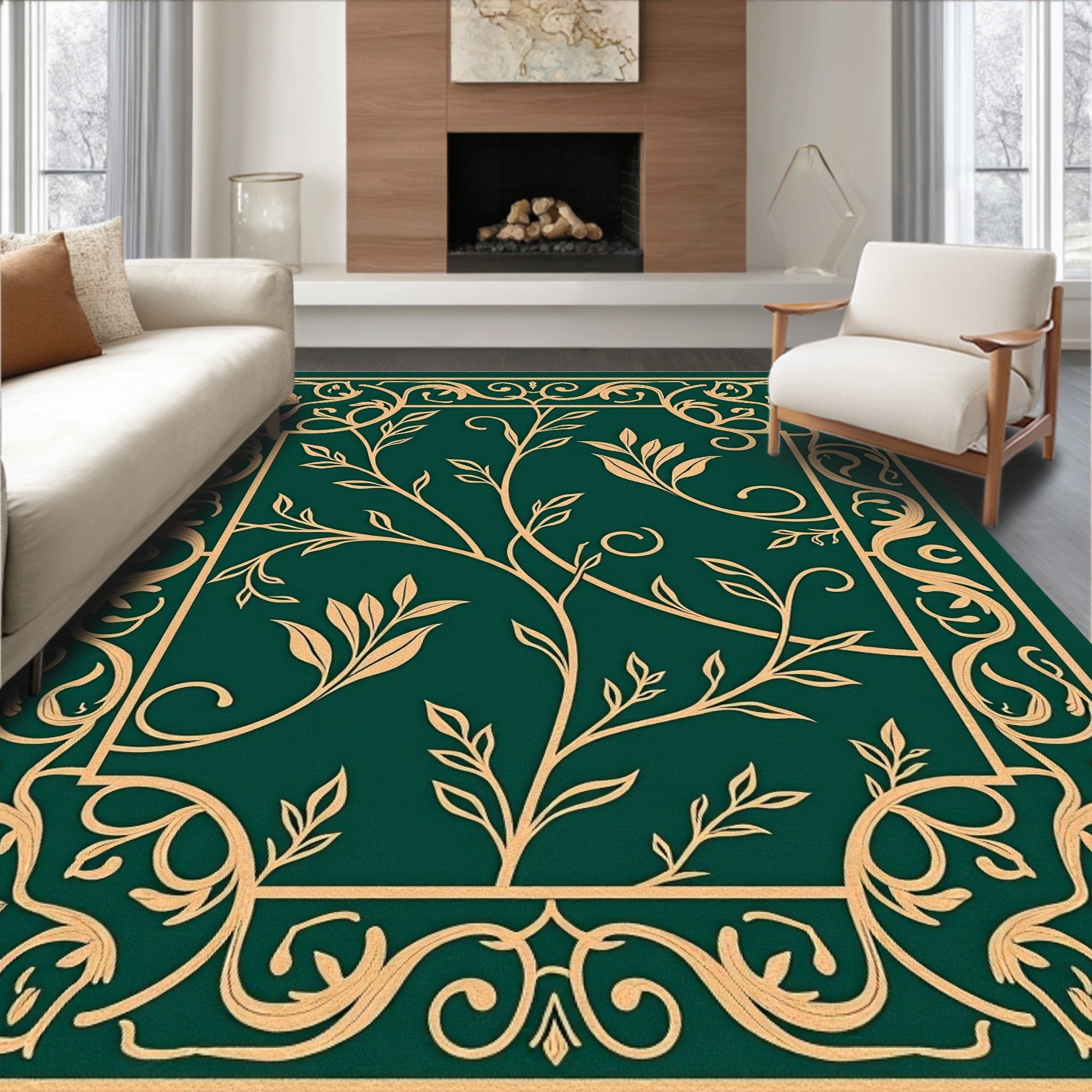 Emerald Green Golden Vine Scroll Rug
