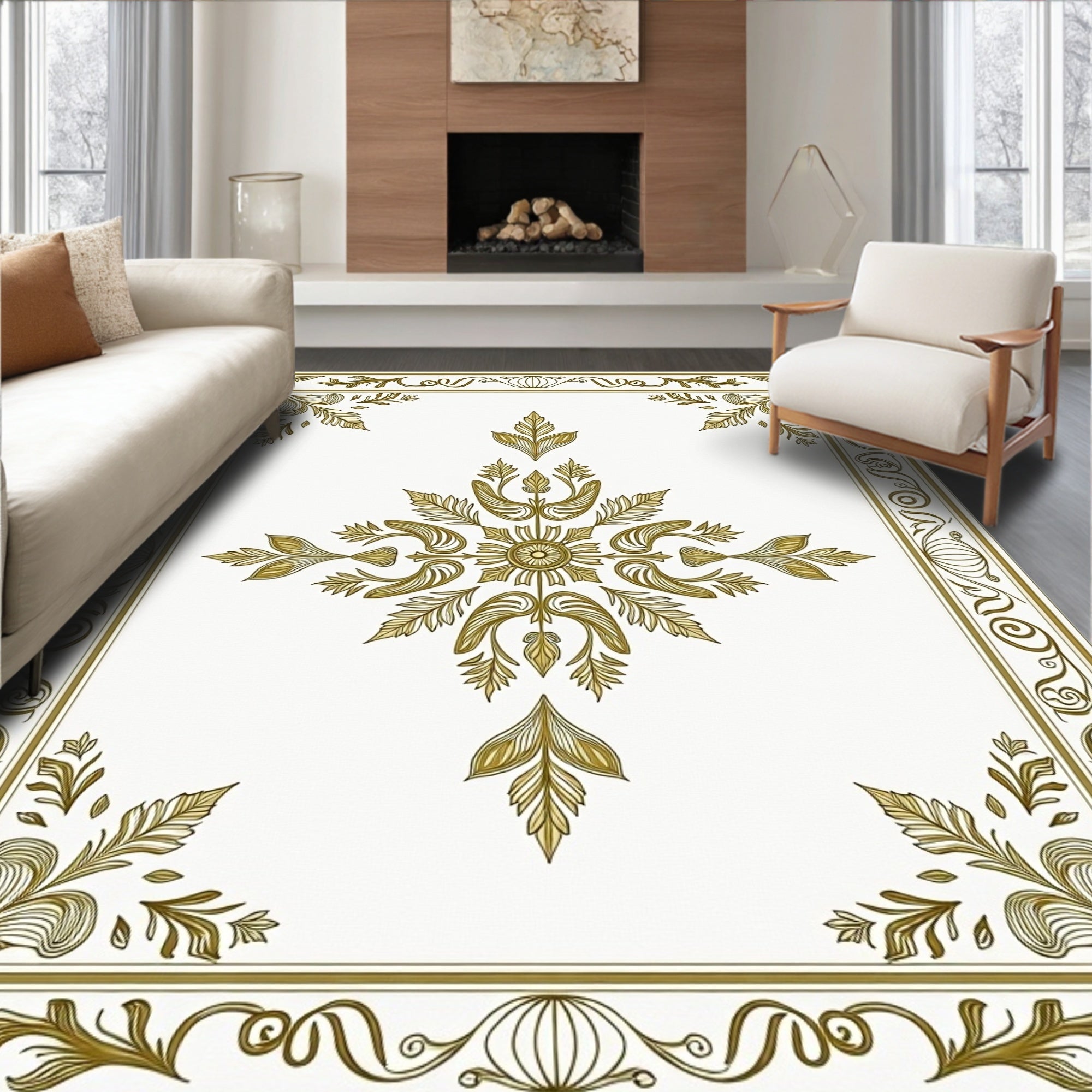 Ornate Golden Floral Damask Pattern Rug