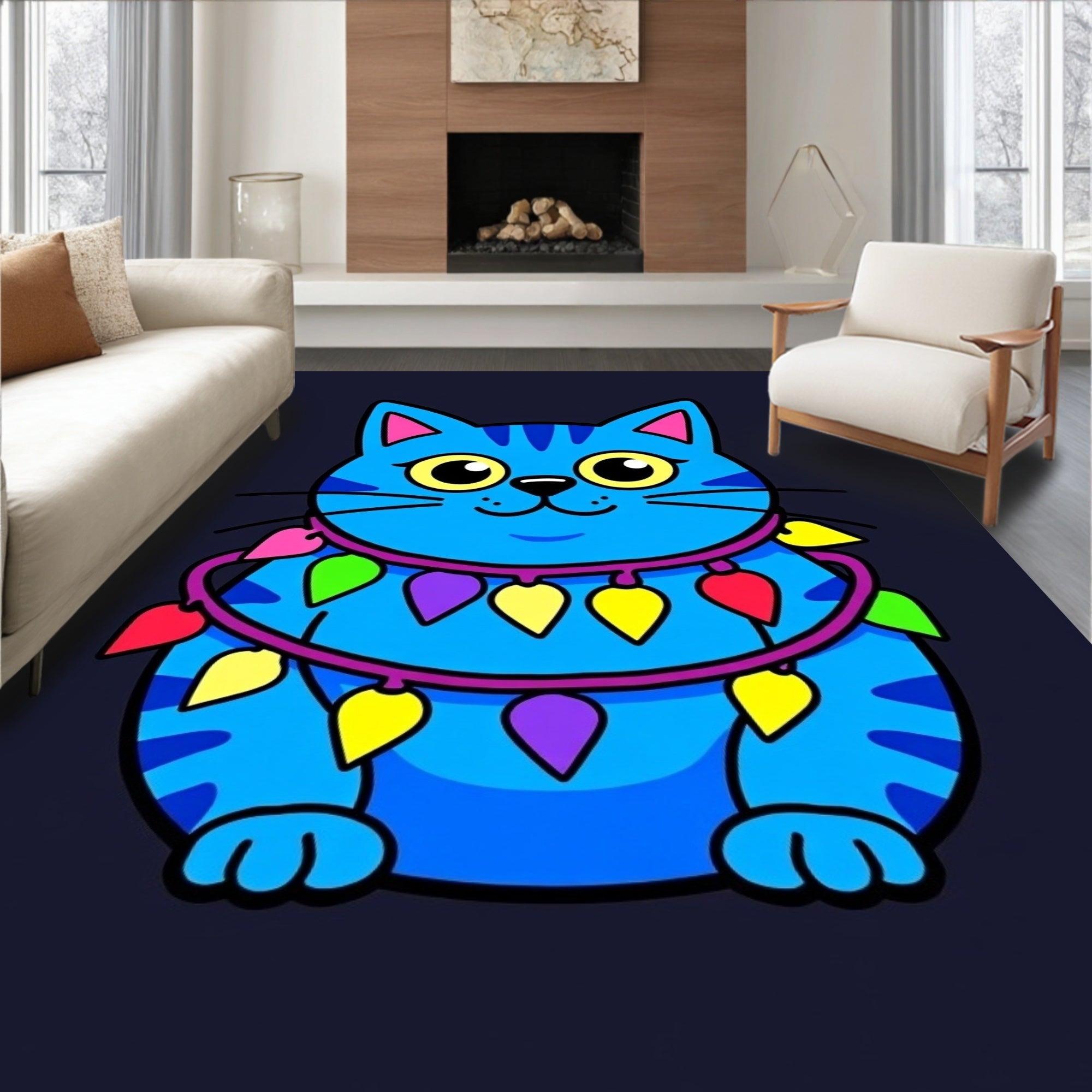 Whimsical Blue Cat with Garland Rug