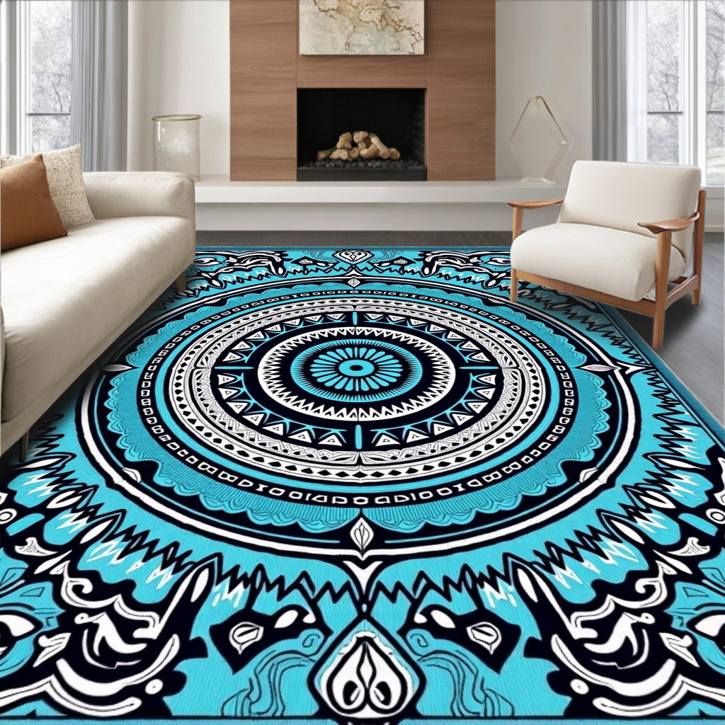Bold Blue White Sun Mandala Rug