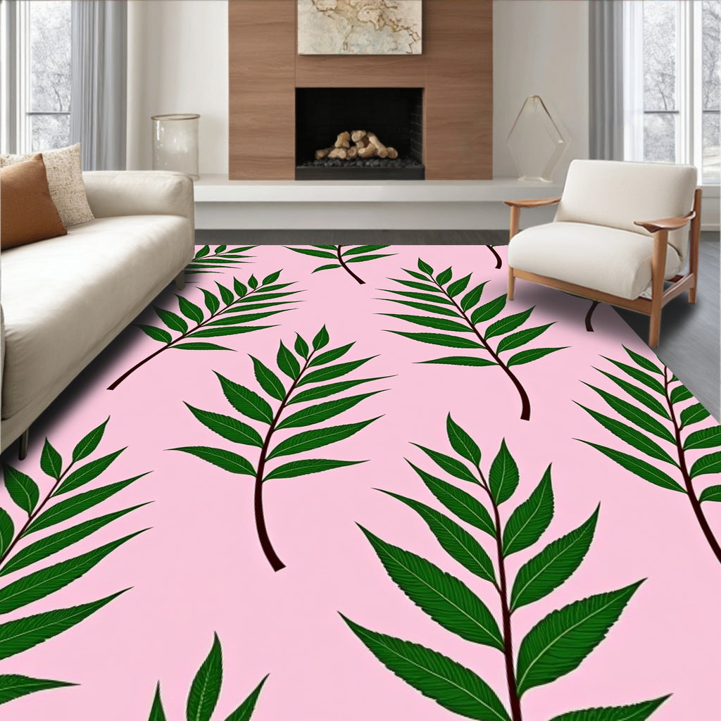 Green Leafy Branches With Pink Background Rug