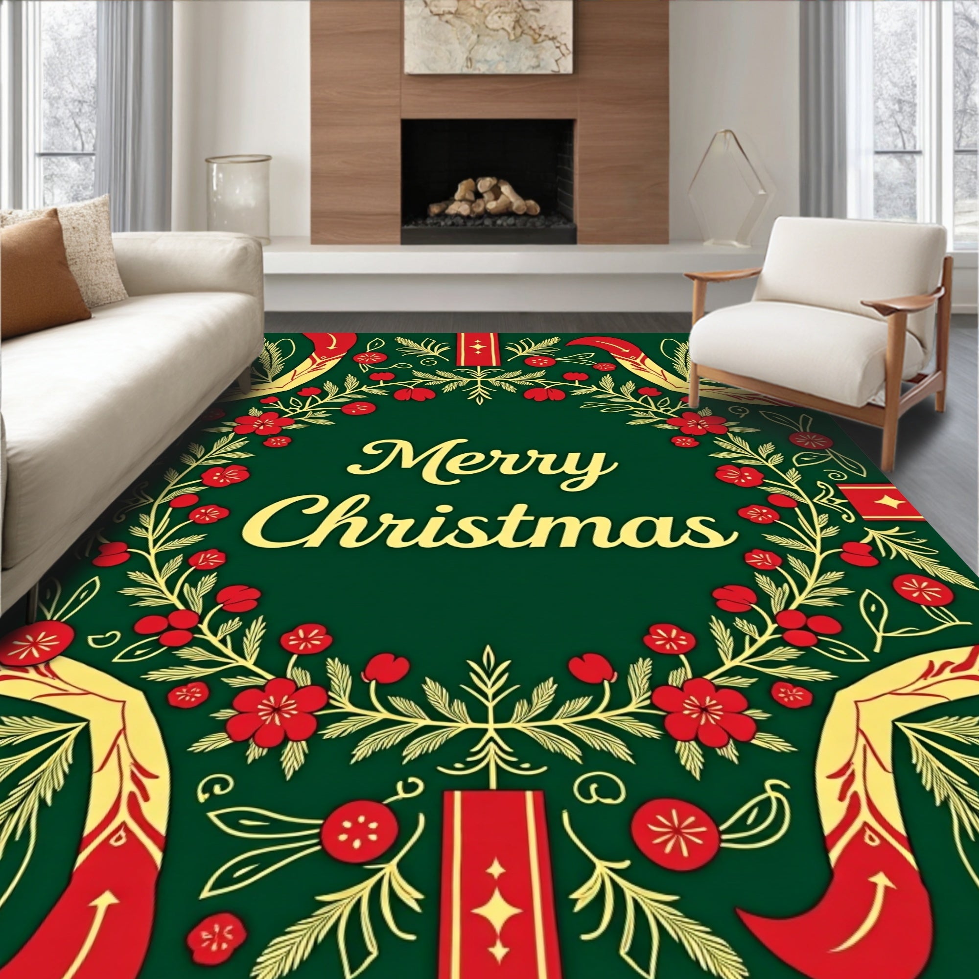 Festive Red Gold Floral Garland Rug