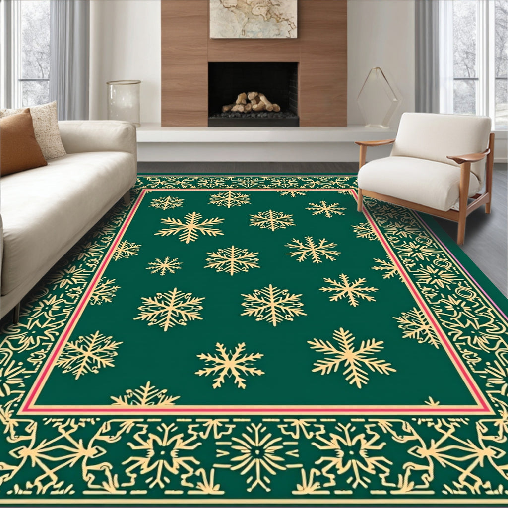 Golden Snowflakes Decorative Emerald Border Rug