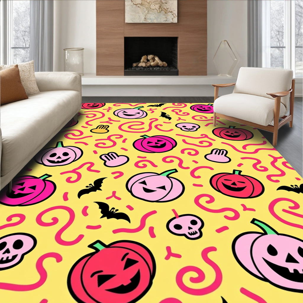 Whimsical Pink Red Pumpkin Bats Rug