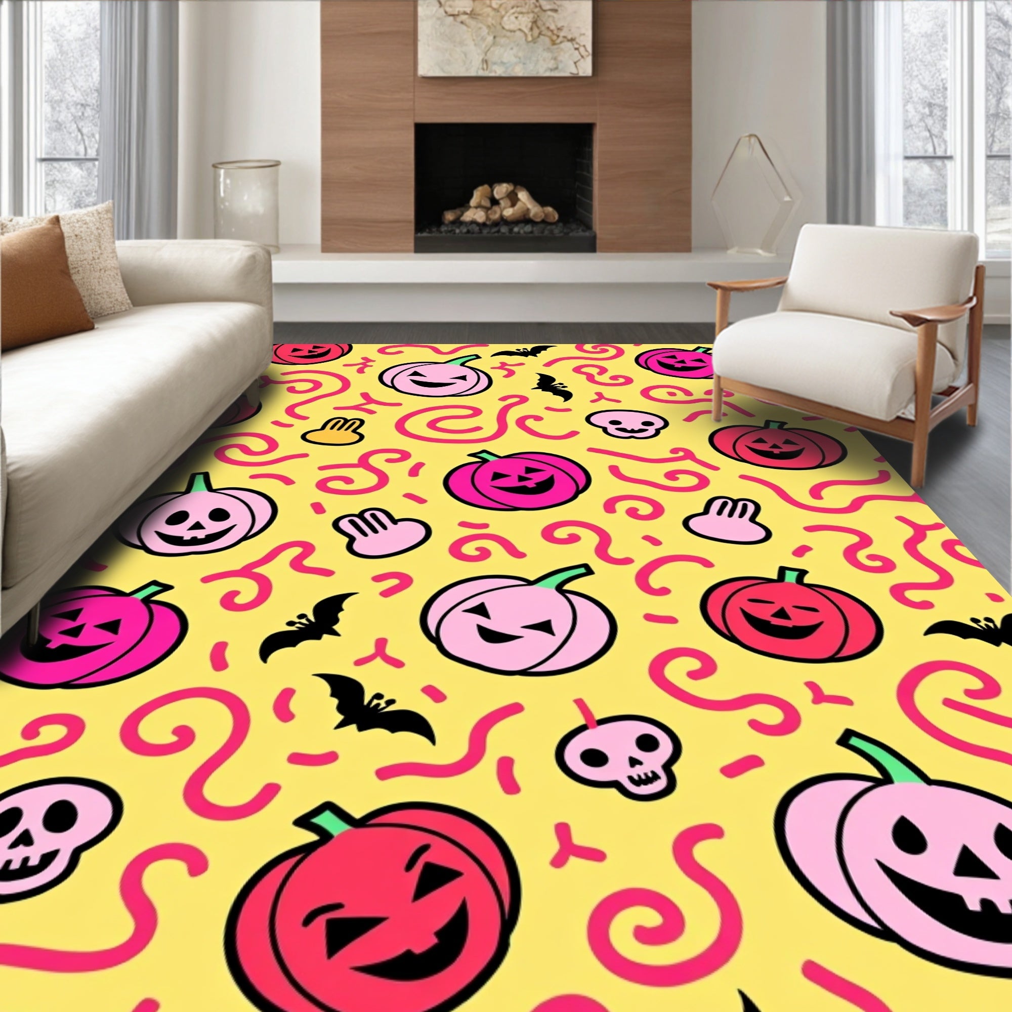 Whimsical Pink Red Pumpkin Bats Rug