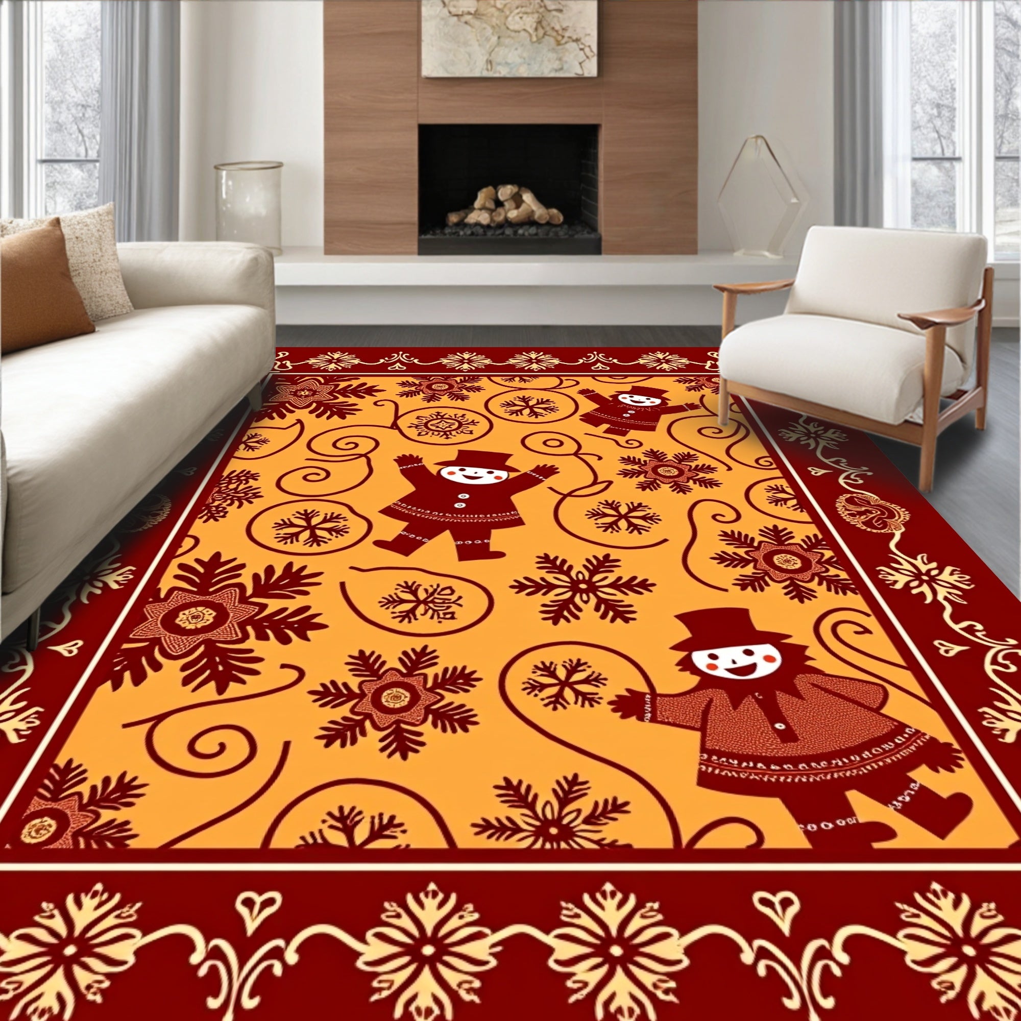Whimsical Snowman Pattern Orange Rug