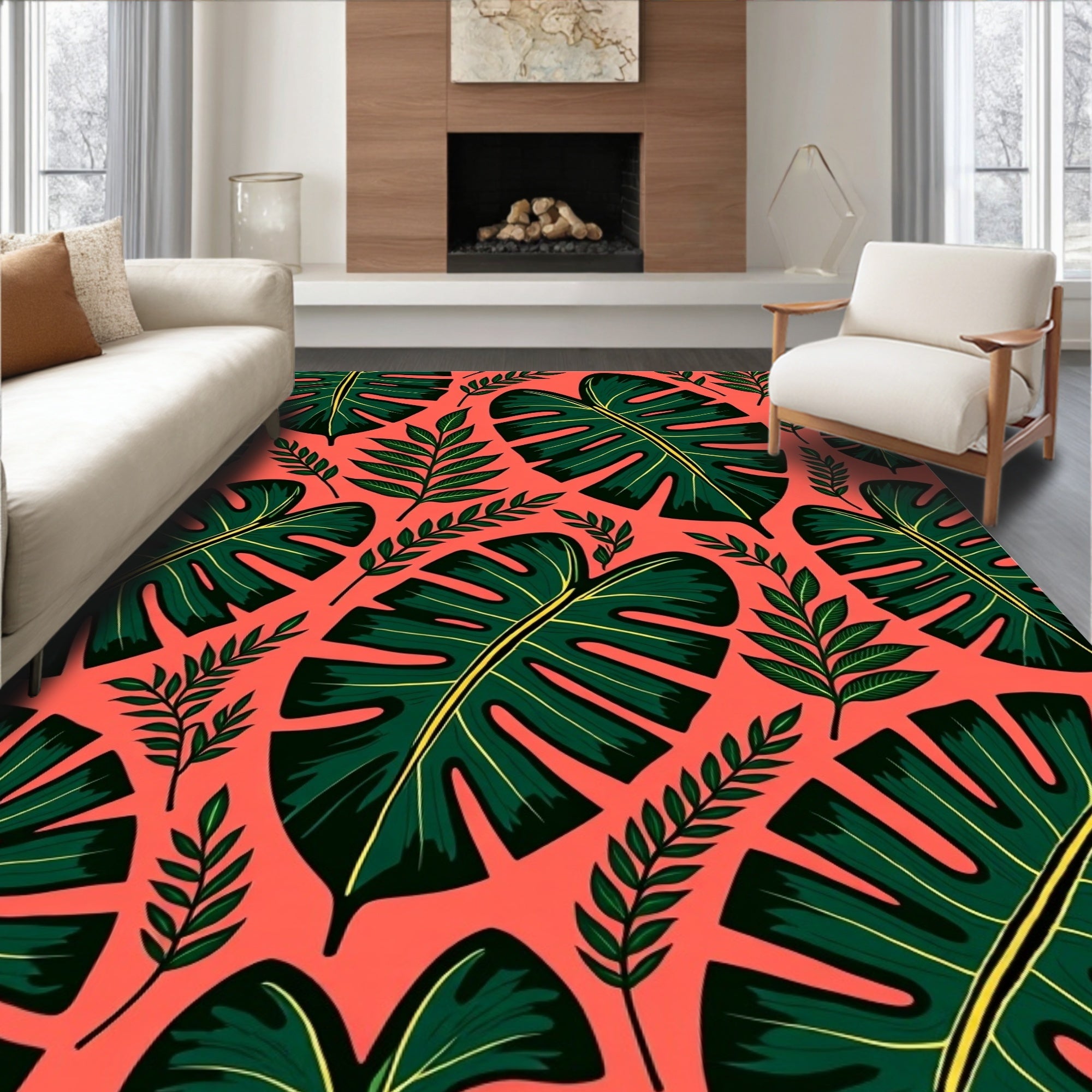 Tropical Green Leaf Pattern Design Rug