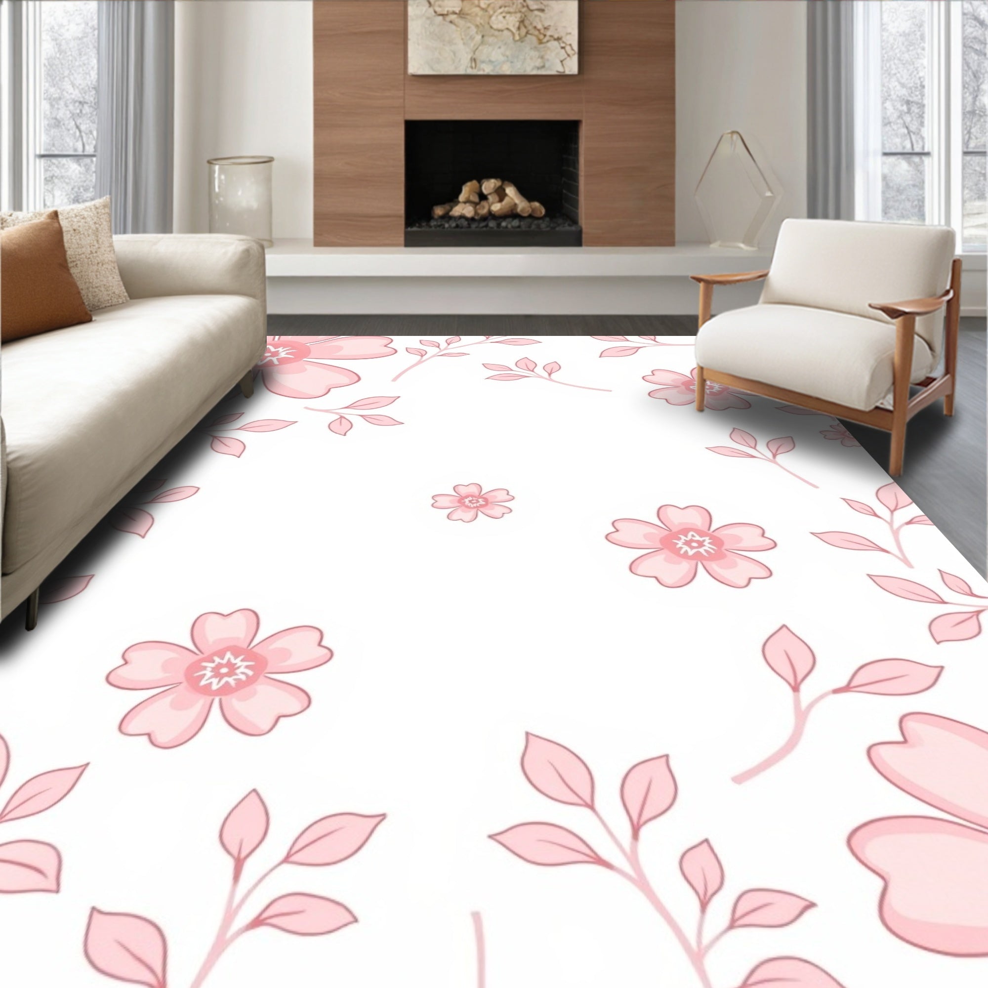 Feminine Pink Floral Branch Design Rug