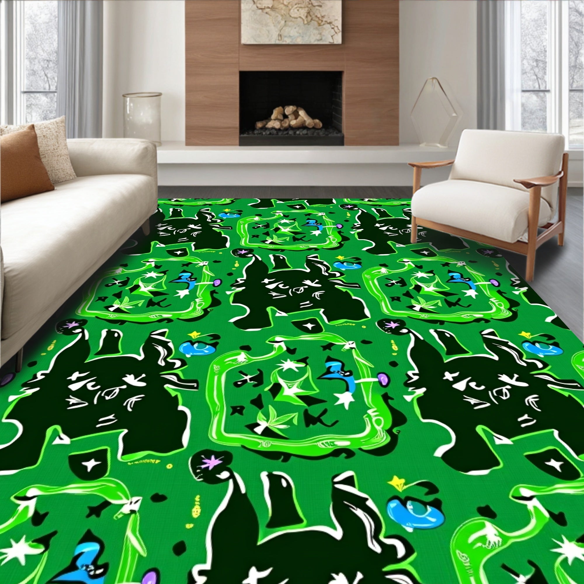 Whimsical Green Black Blue Animal Pattern Rug
