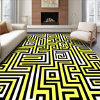 Abstract Yellow Black Maze Pattern Rug