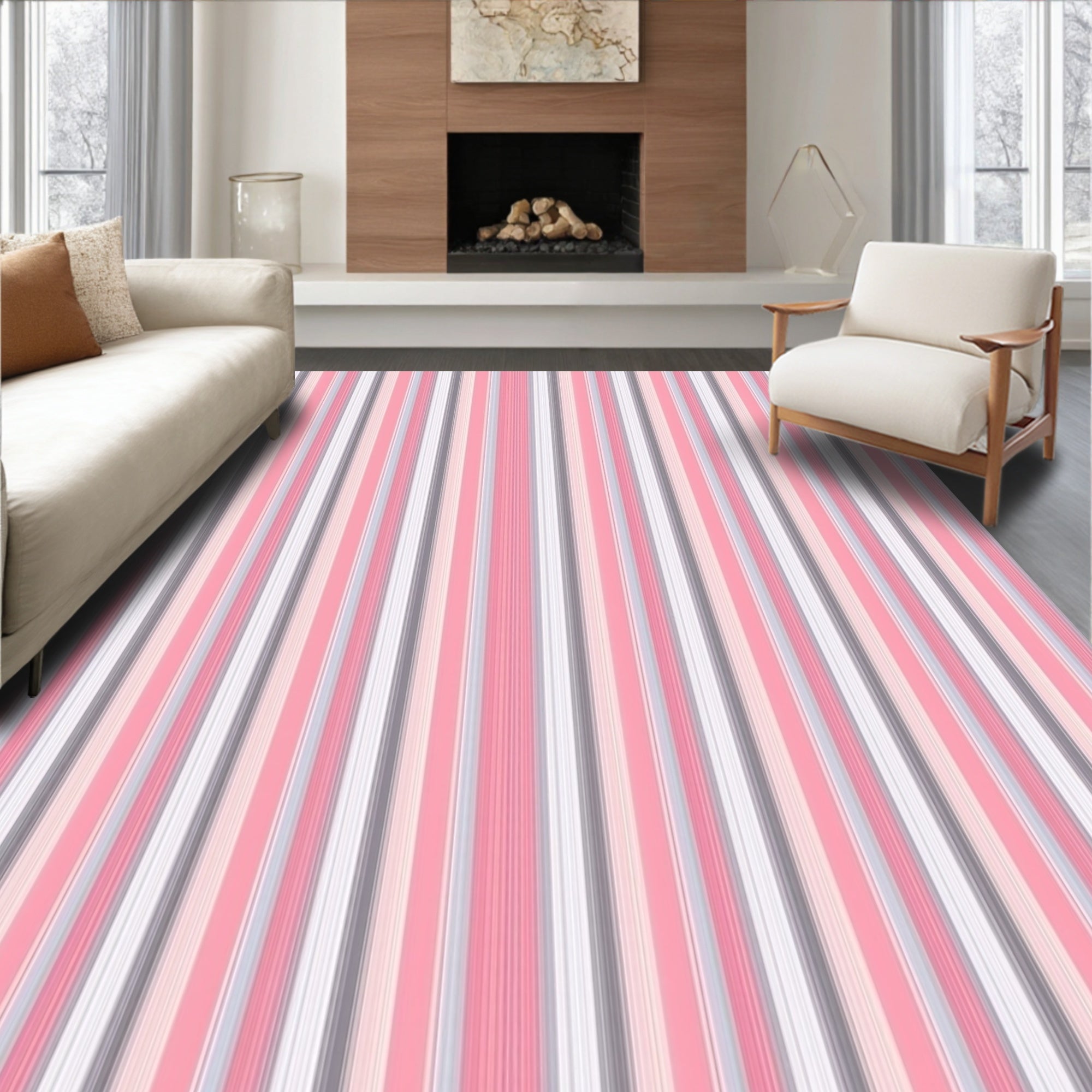 Soft Pink White Gray Stripe Pattern Rug