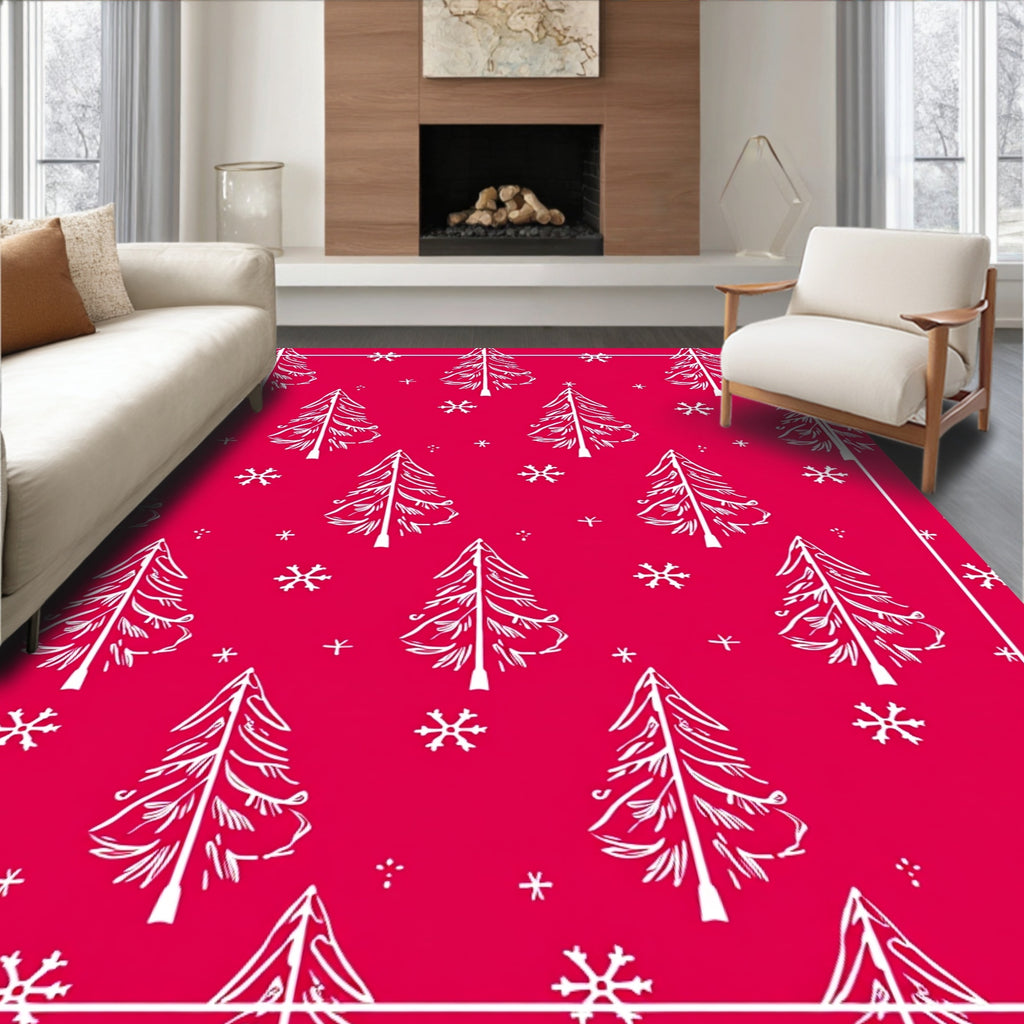 Red White Festive Christmas Trees Rug