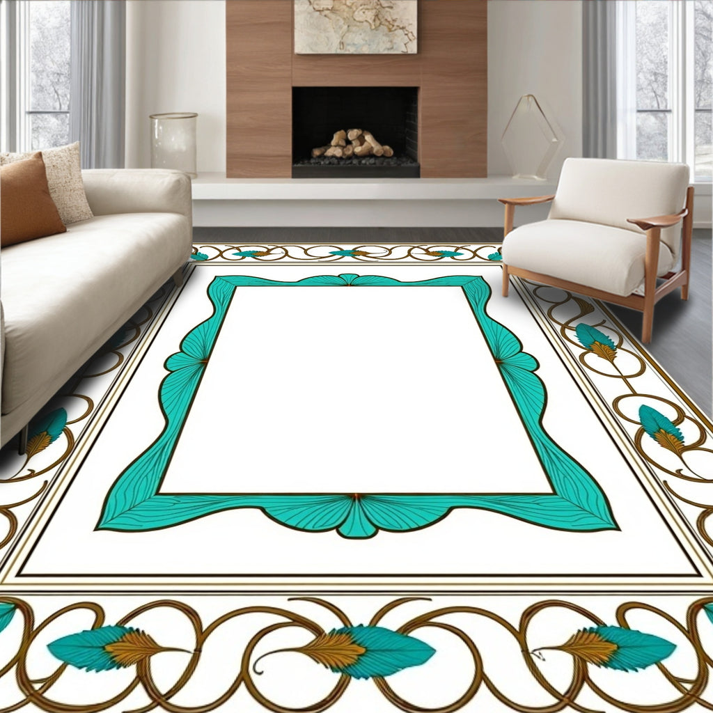 Ornate Teal and Gold Feather Border Rug