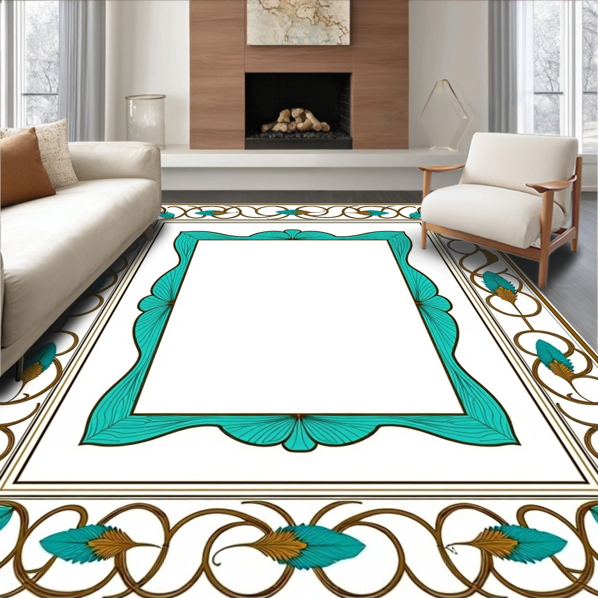 Ornate Teal and Gold Feather Border Rug