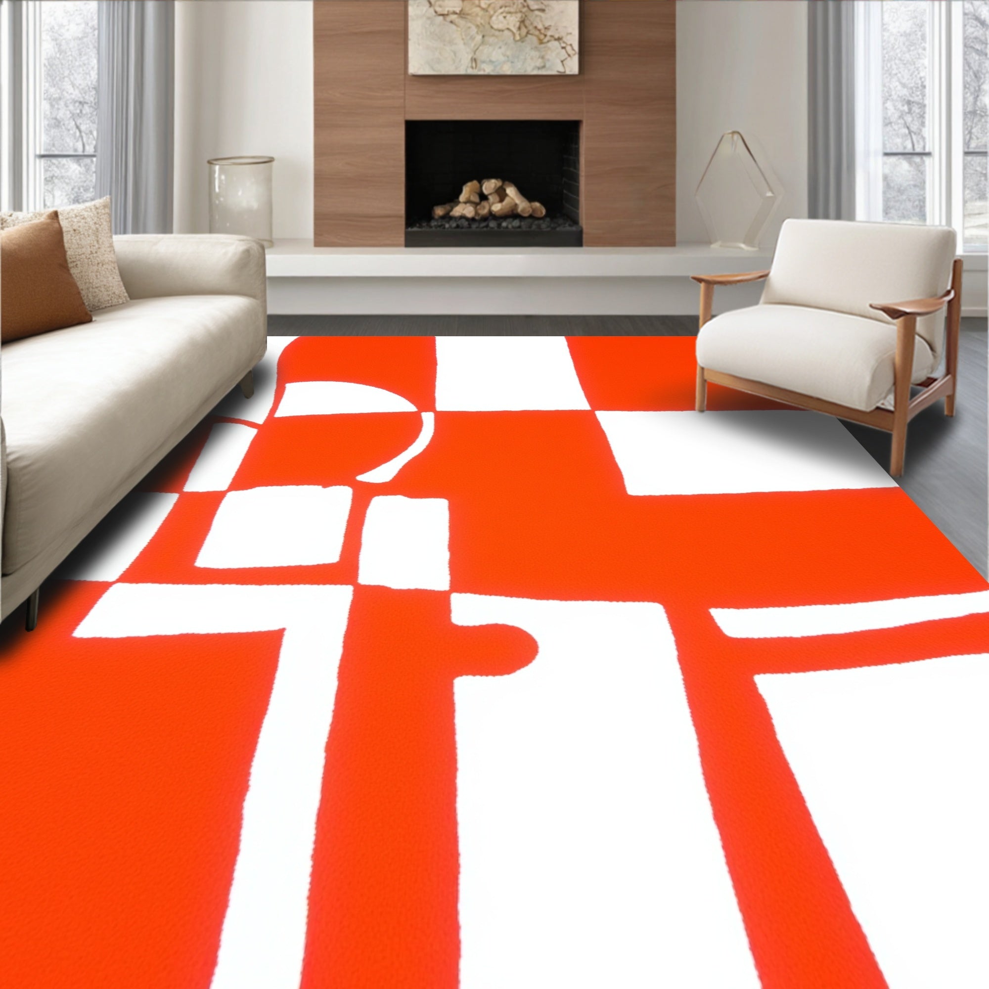 Bold Orange White Geometric Grid Design Rug