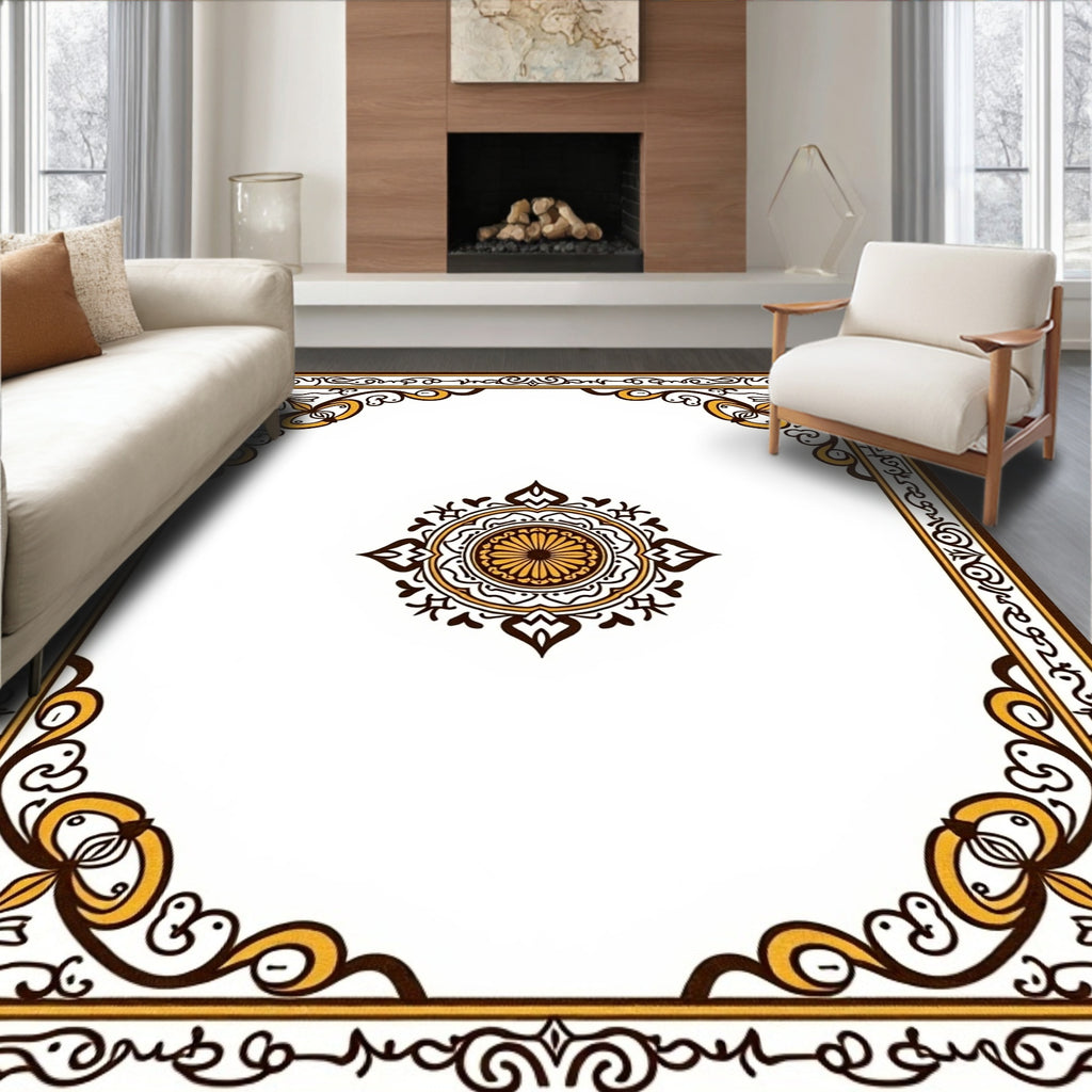 Ornate Brown and Gold Mandala Border Rug