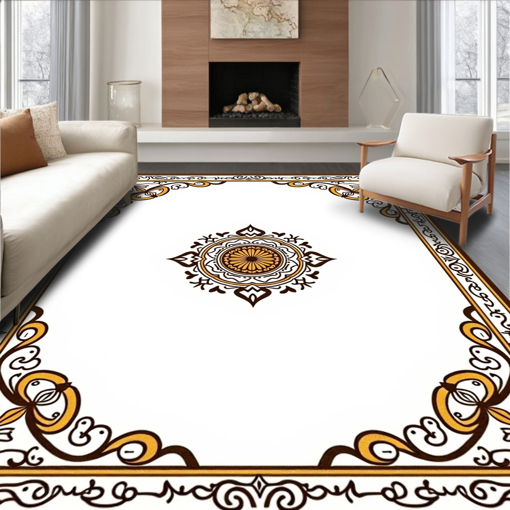Ornate Brown and Gold Mandala Border Rug