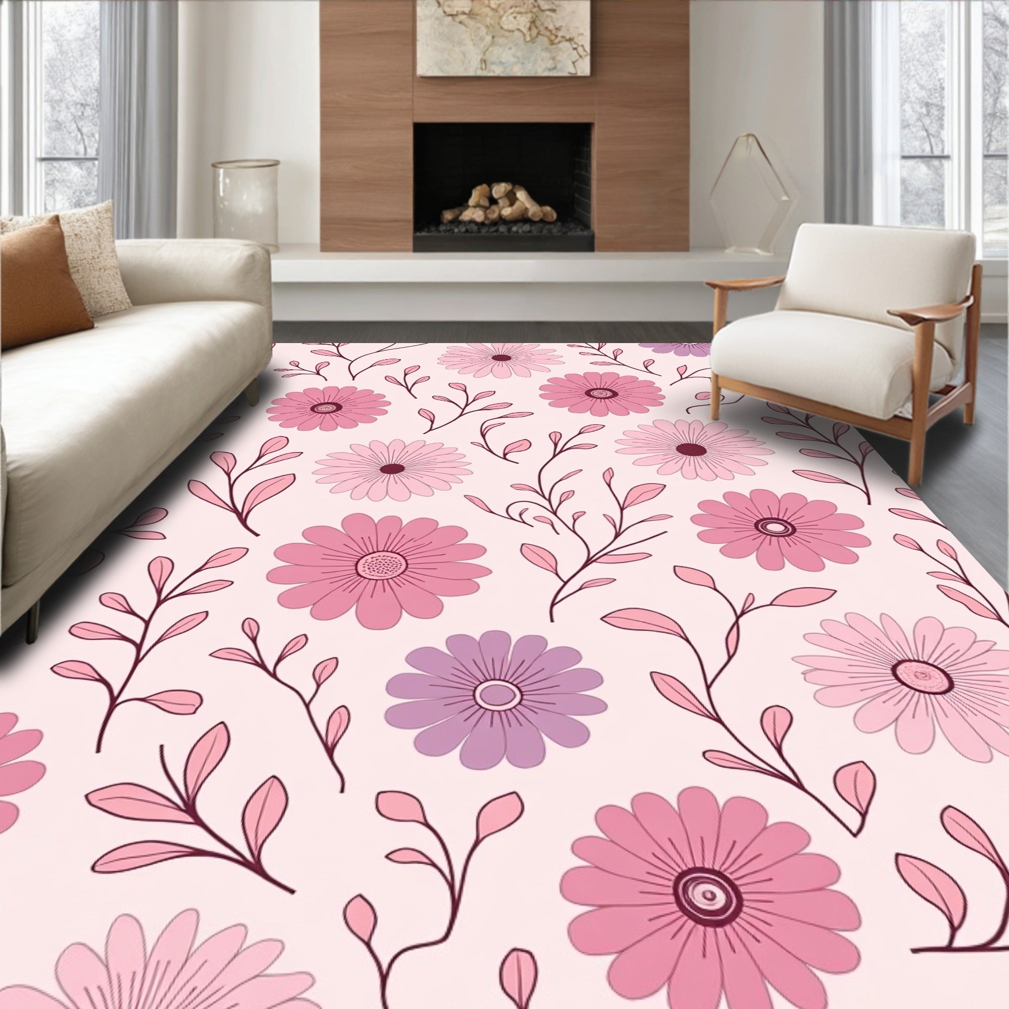 Delicate Pink Floral Sprig Pattern Rug