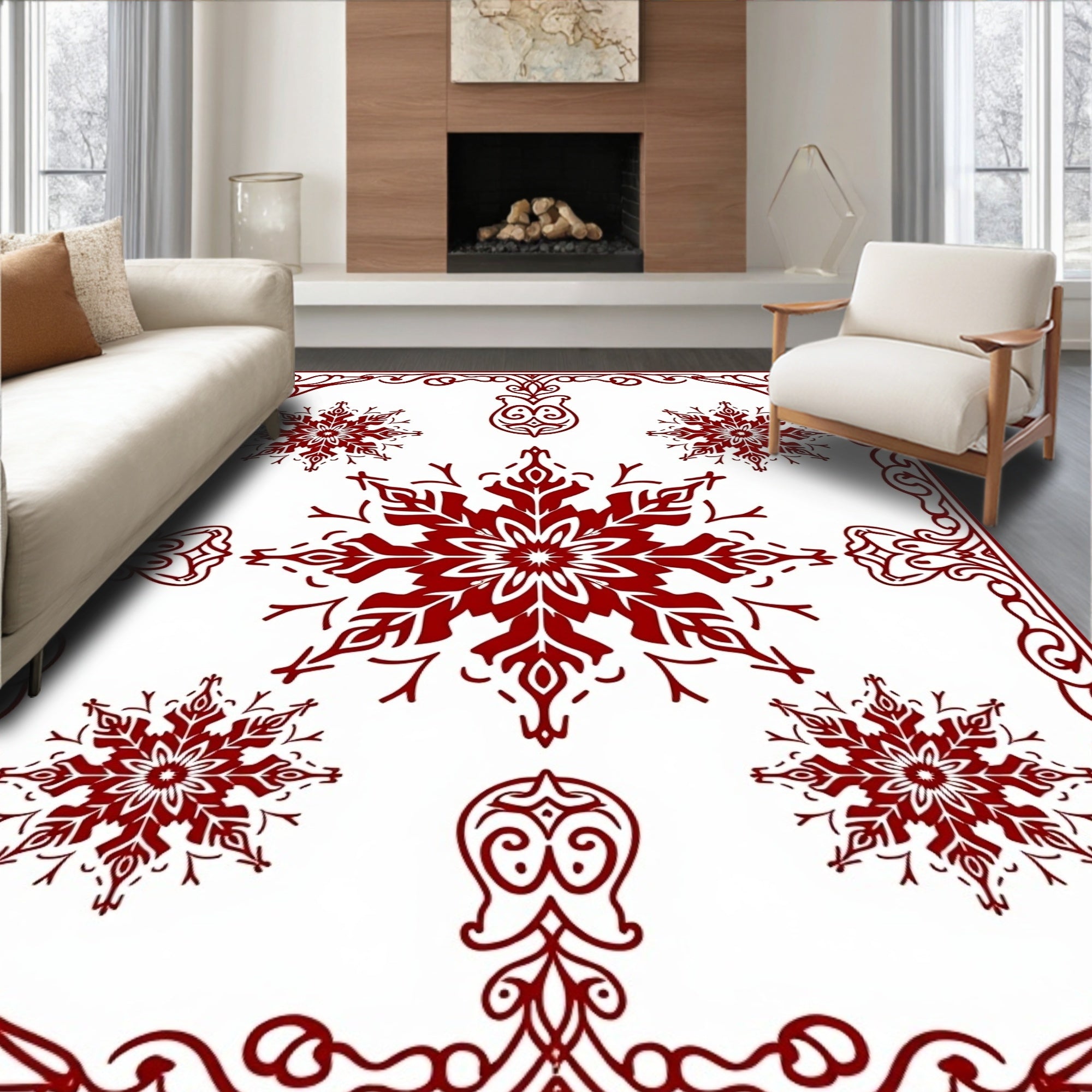 Red Snowflake Scrollwork Pattern Rug