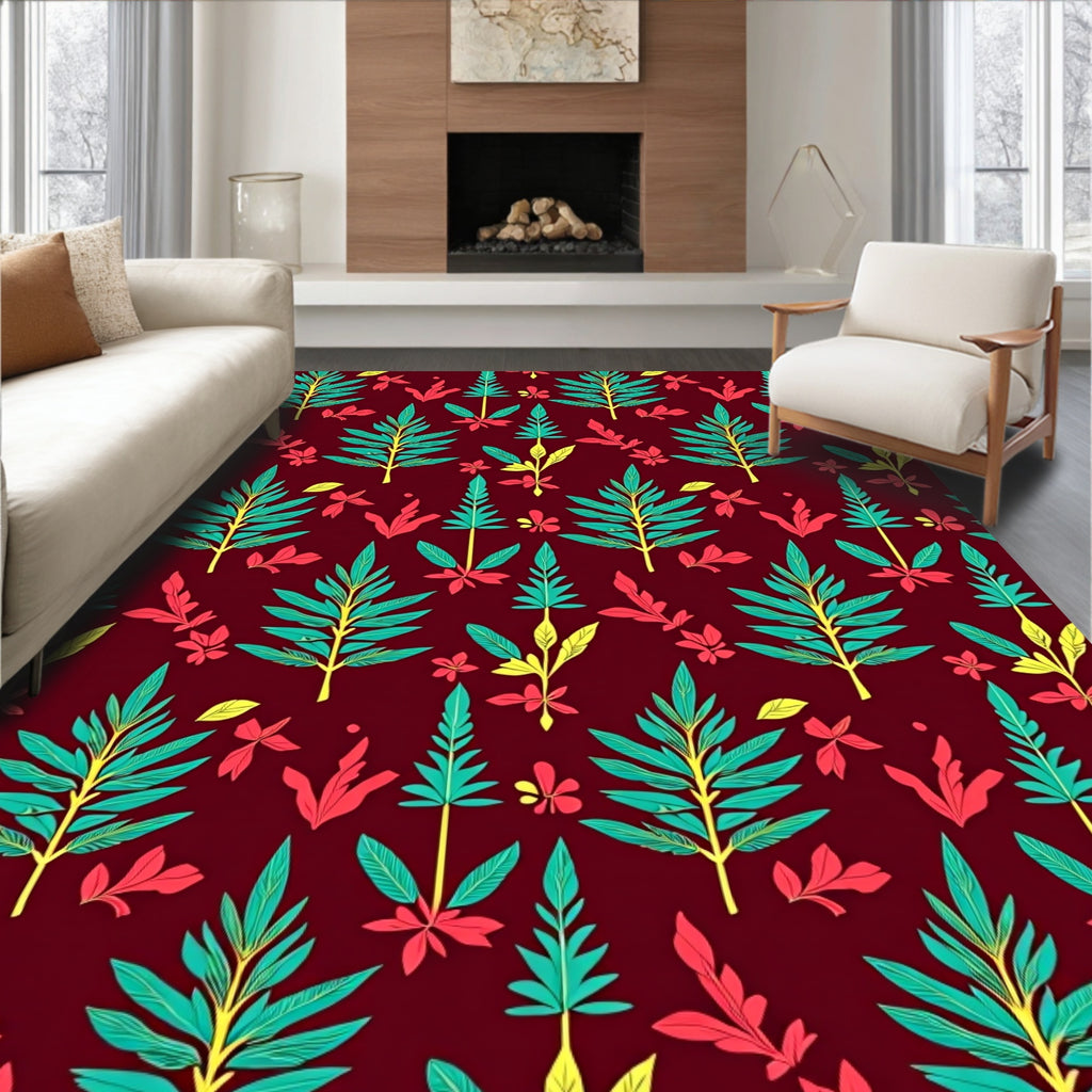 Tropical Leaf Pattern Design in Teal Rug
