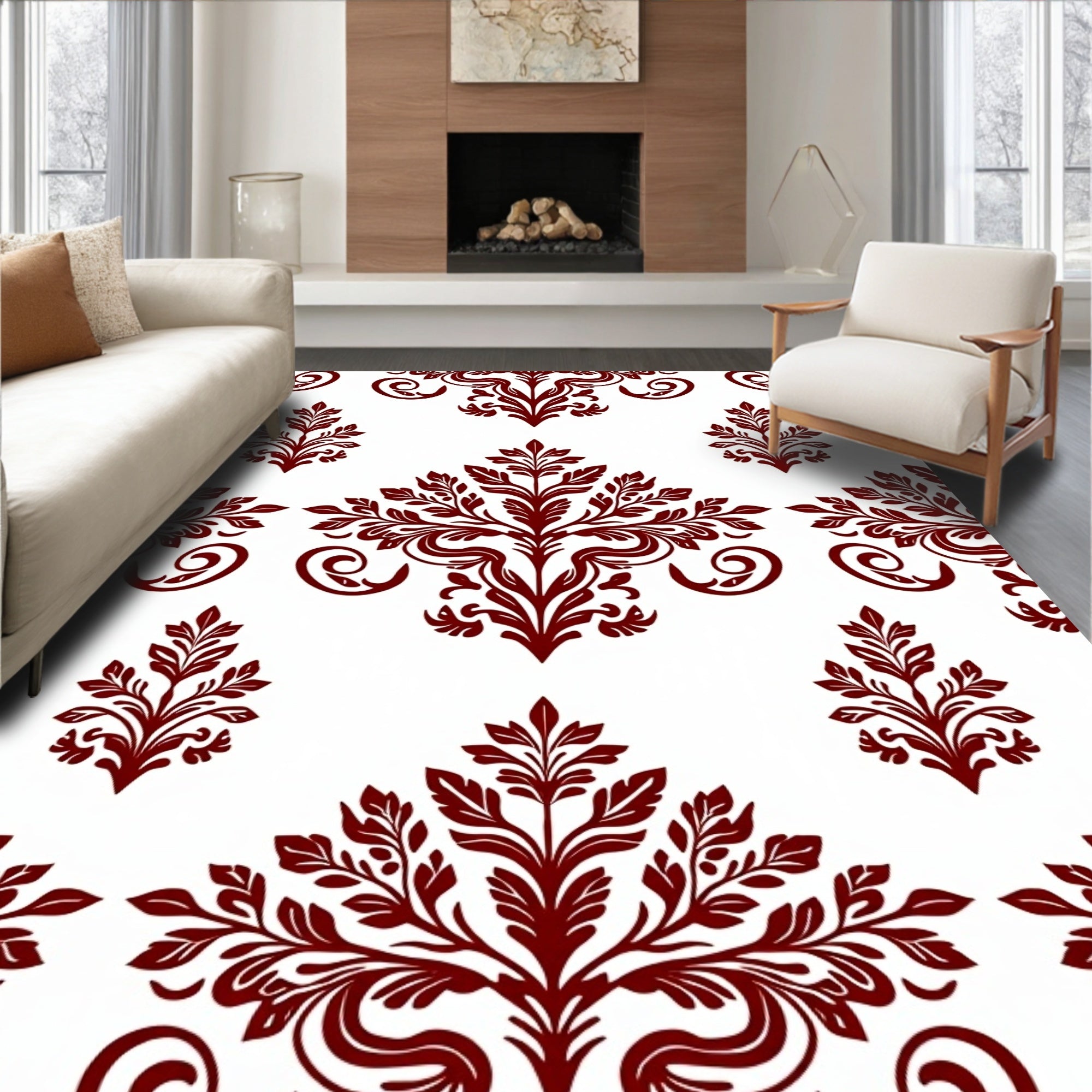 Ornate Floral Leaf Scroll Pattern Rug