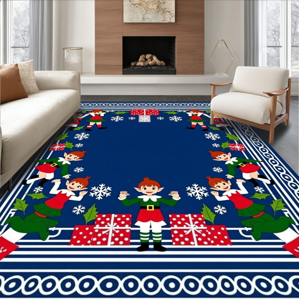 Christmas Elves Presents Snowflake Border Design Rug
