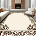 Ornate Scrollwork Brown Border Design Rug