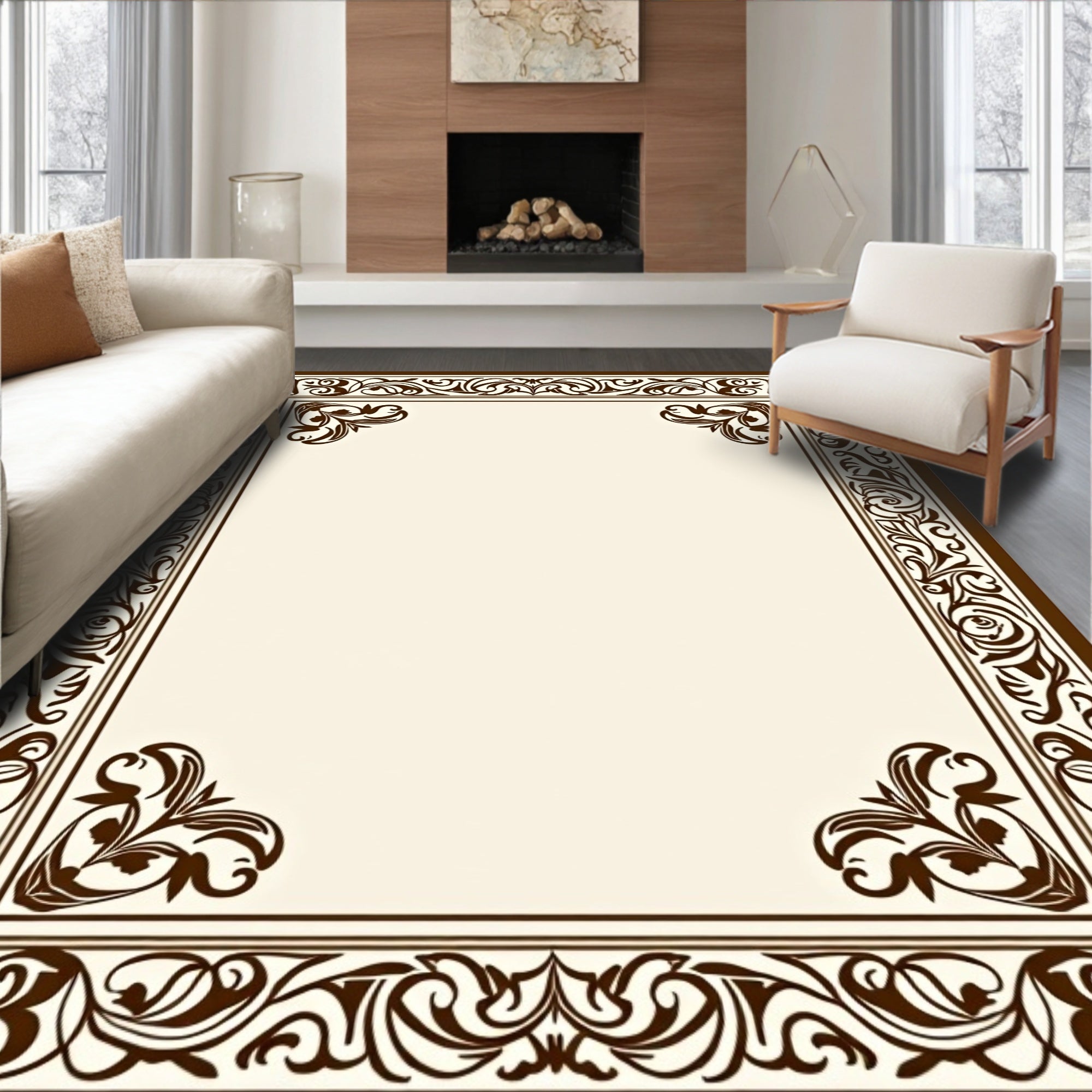 Ornate Scrollwork Brown Border Design Rug