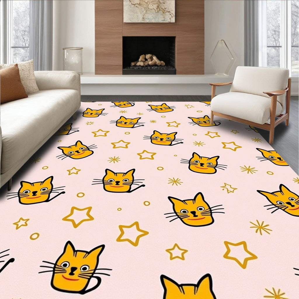 Whimsical Yellow Cat Star Pattern Rug
