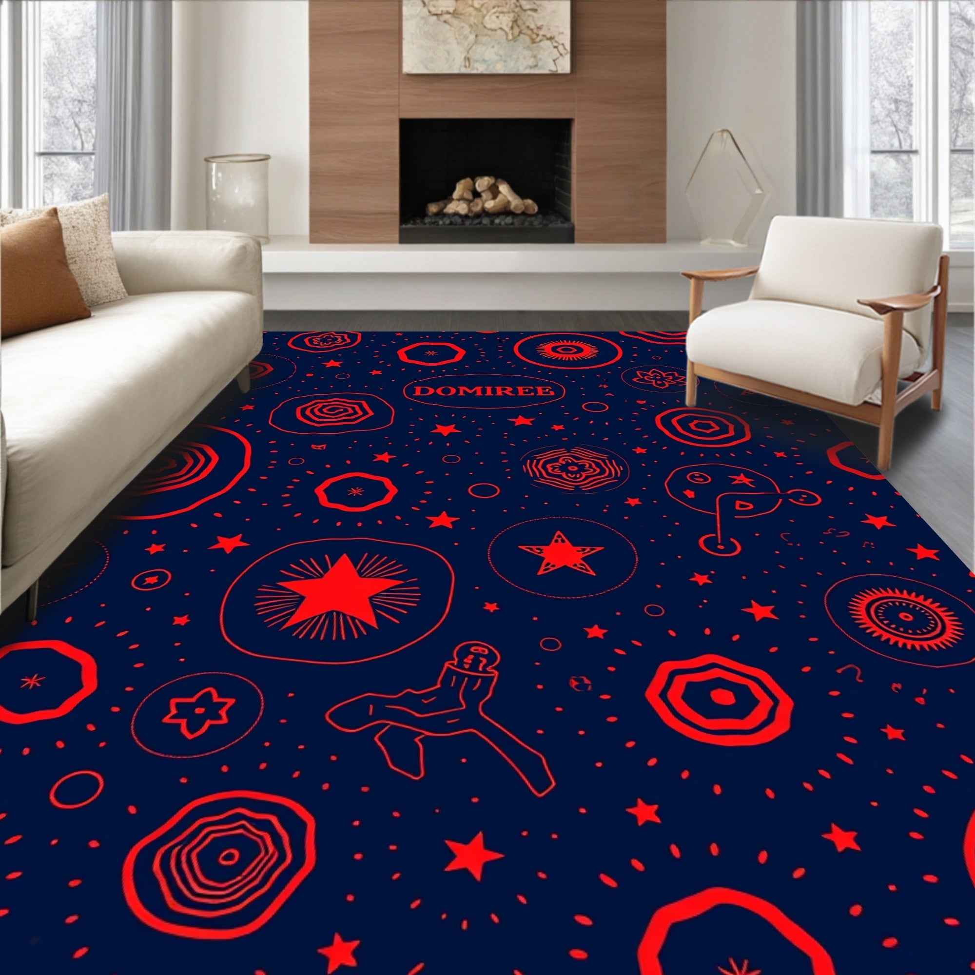 Red Starburst Floral Pattern Rug