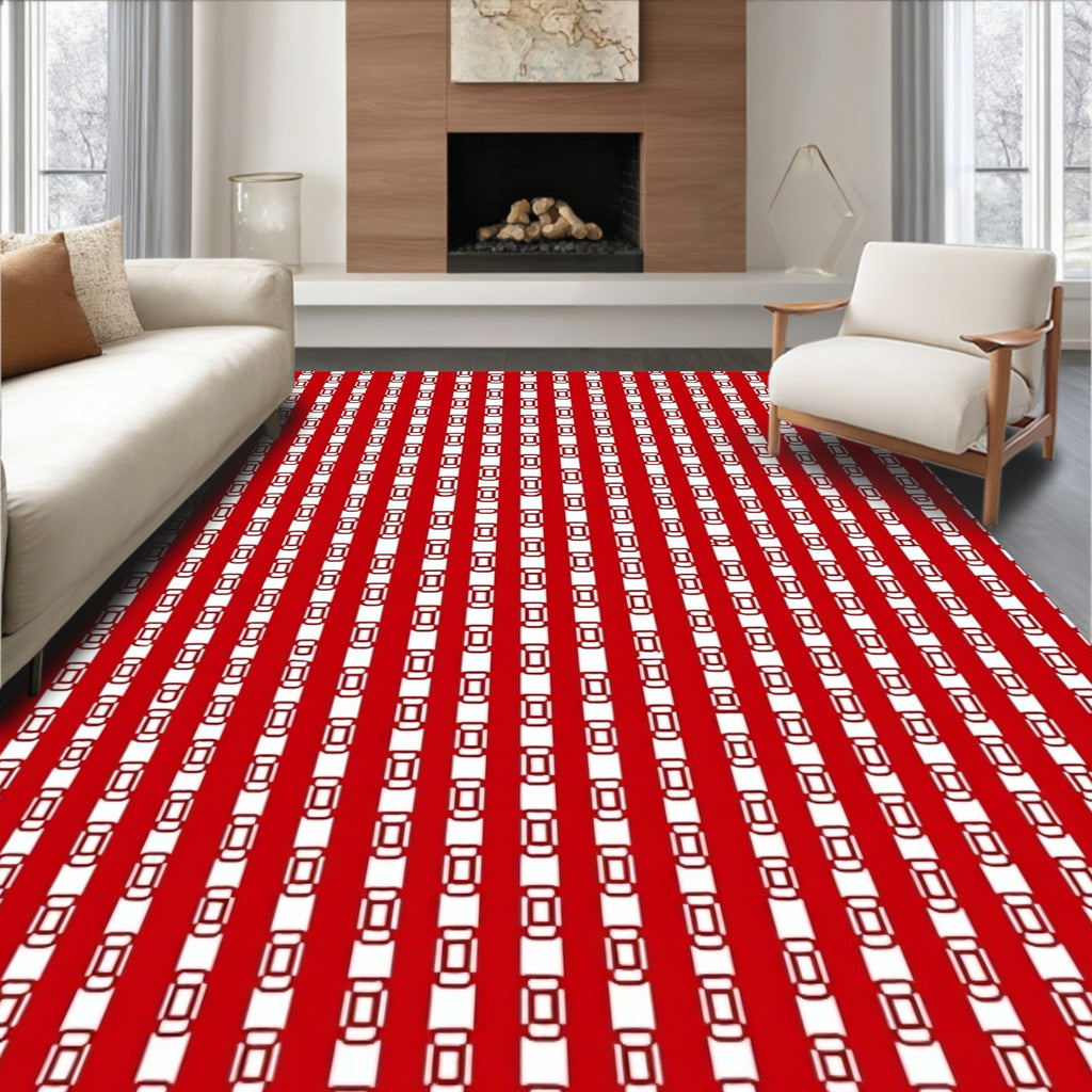Classic Red White Striped Geometric Design Rug