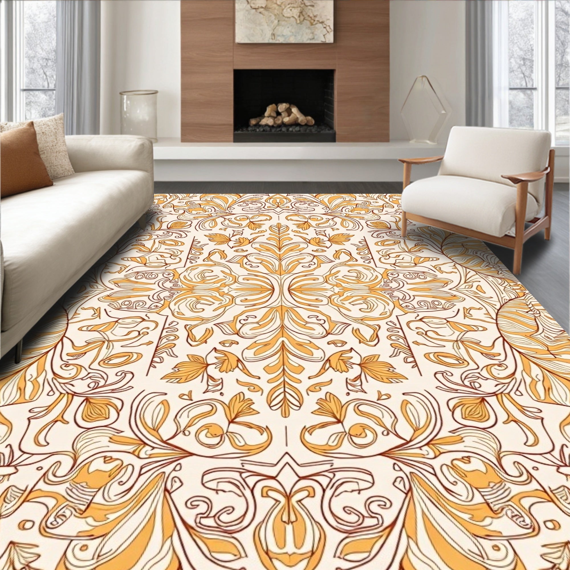 Golden Ornate Floral Scroll Pattern Rug