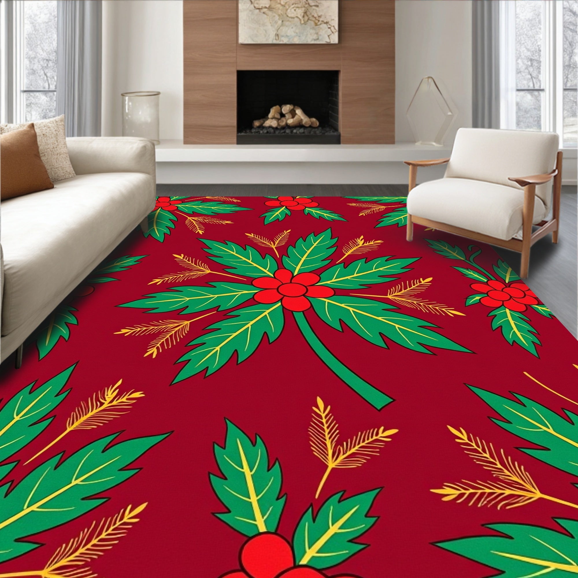 Bold Red Floral Leaf Pattern Rug