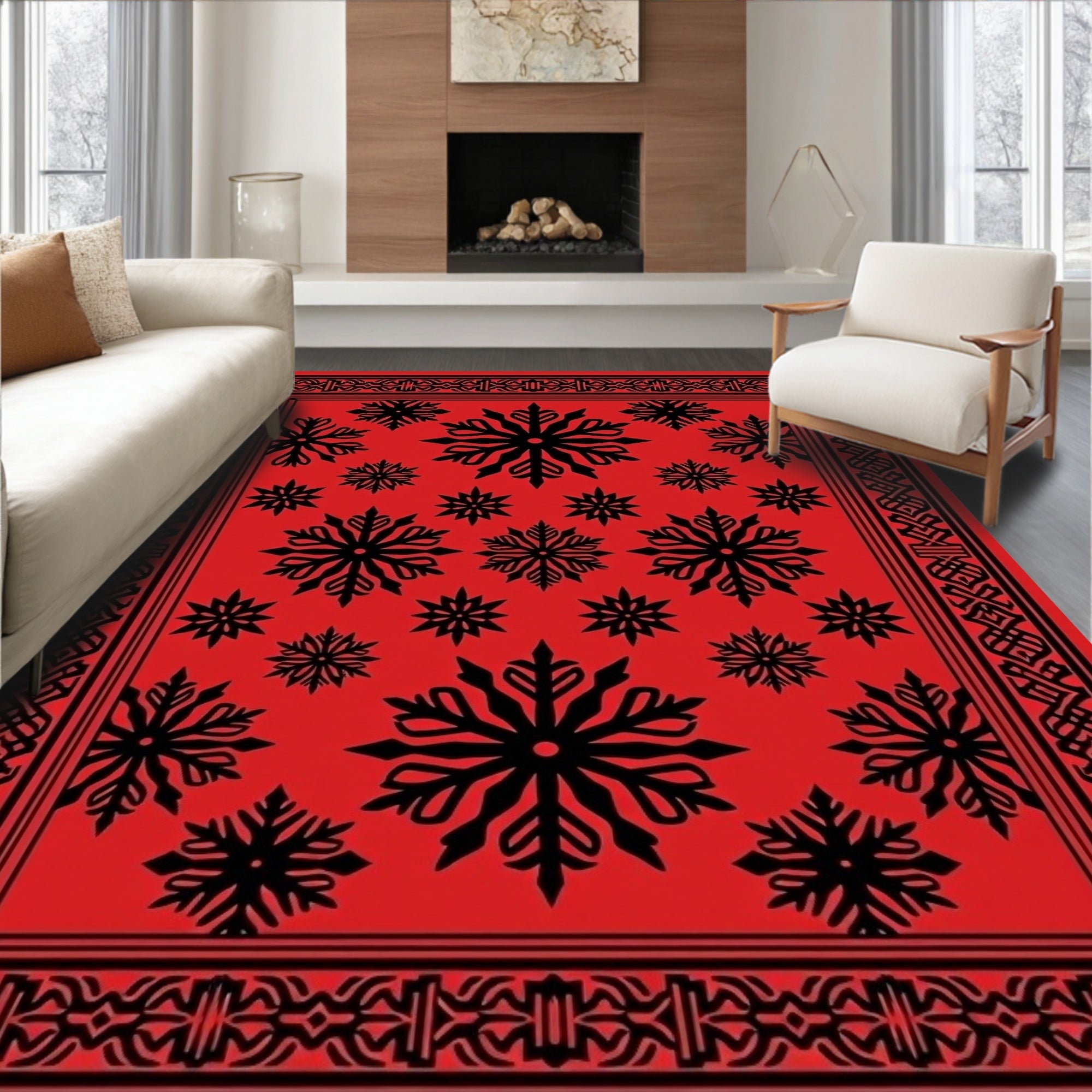 Red Snowflake Pattern Accent Rug