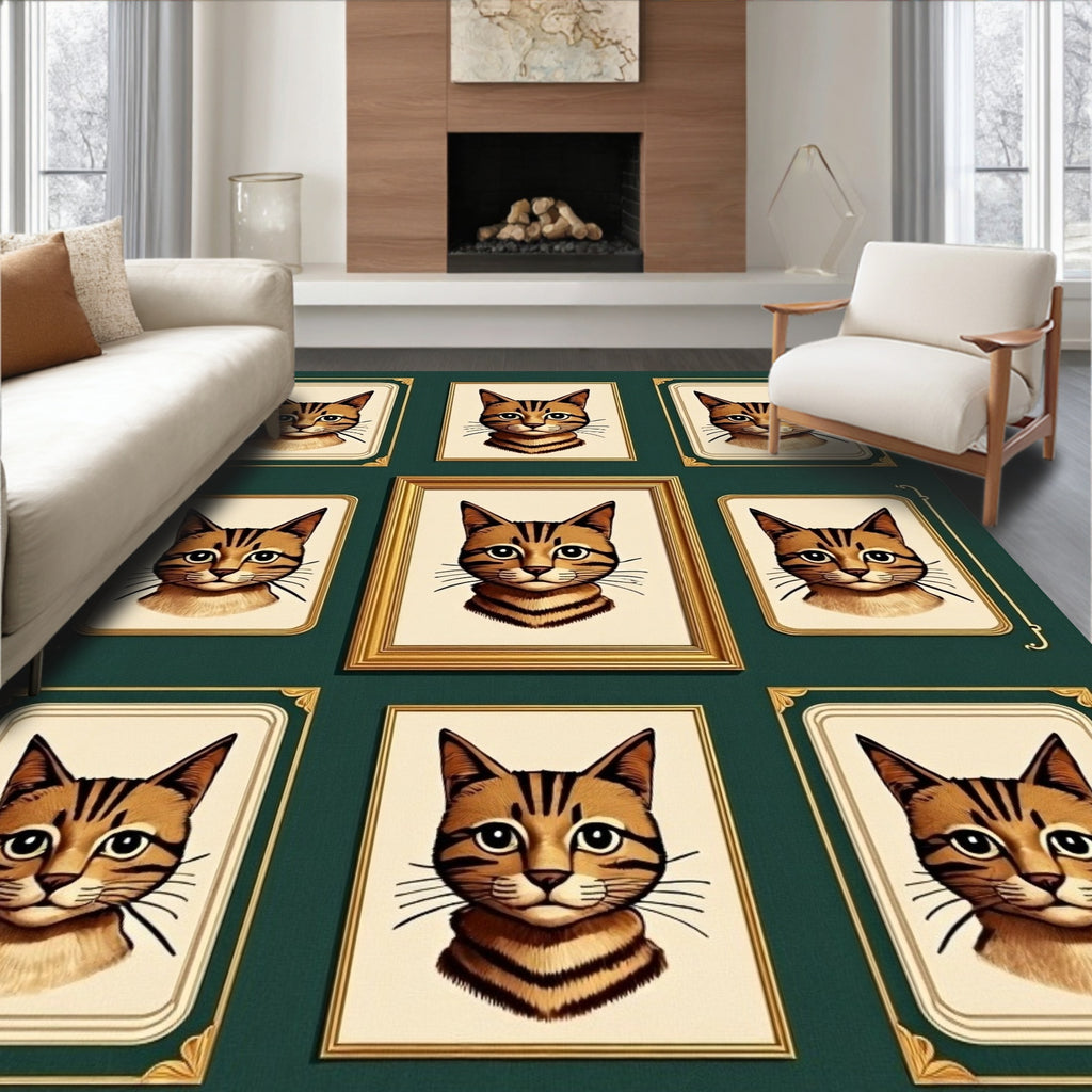Vintage Cat Portrait Grid Pattern Rug