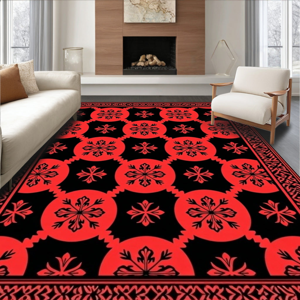 Bold Red Circular Floral Pattern Rug