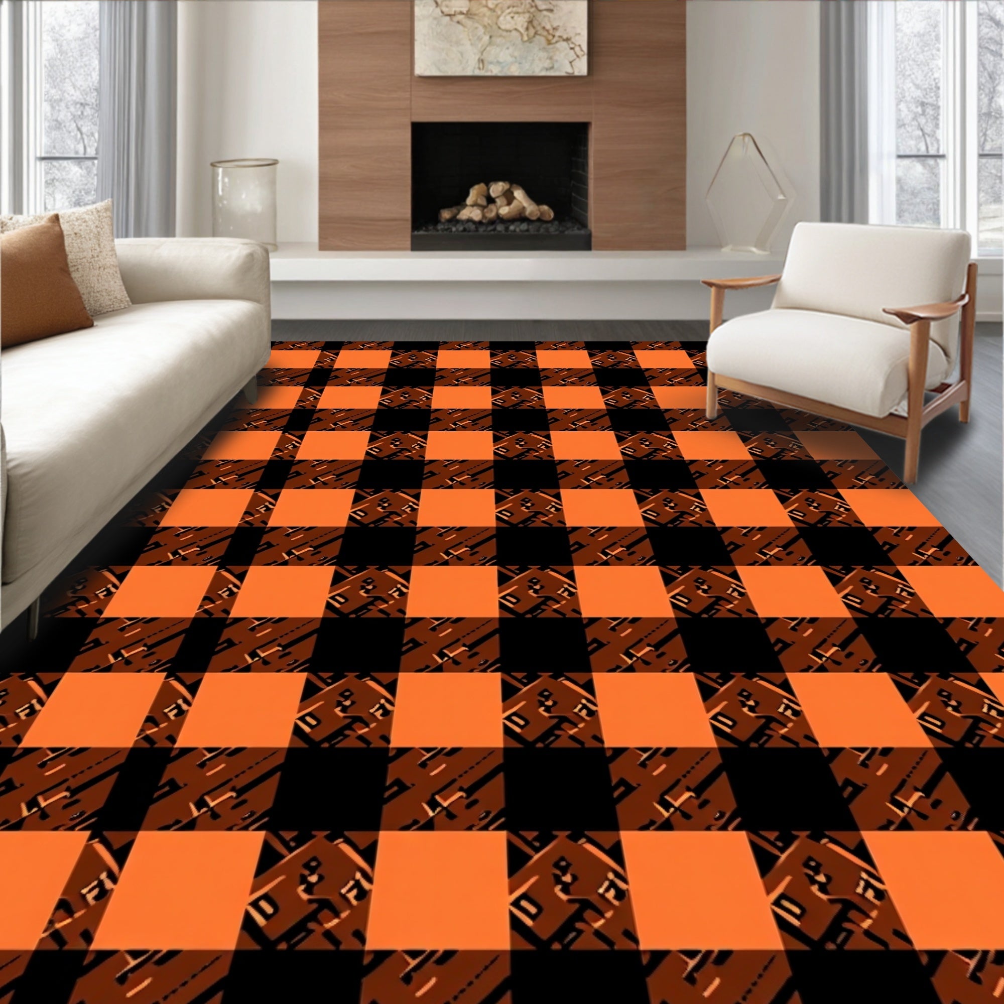 Checked Orange Black Abstract Print Rug