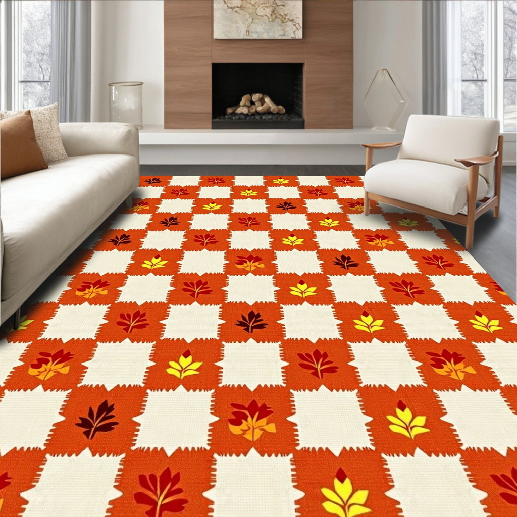 Autumn Leaves Gingham Square Pattern Rug