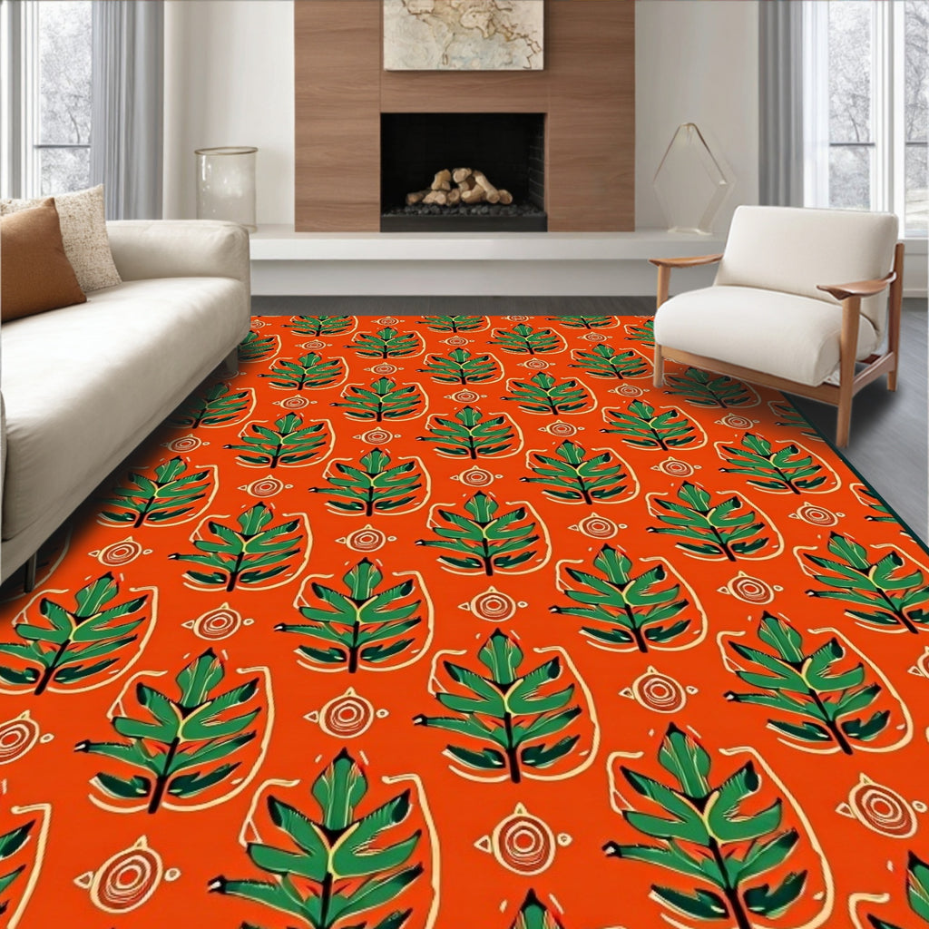 Earthy Green Leaf Pattern Design Rug