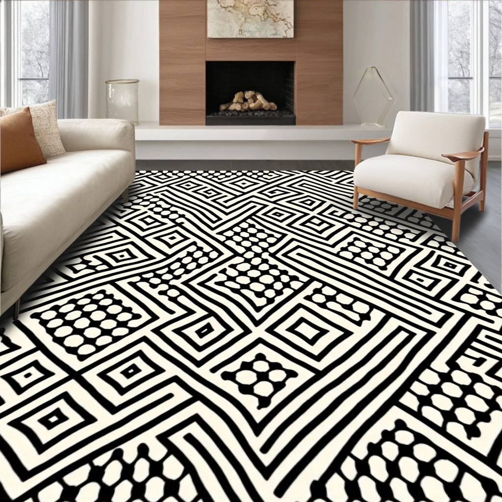 Abstract Black Cream Geometric Pattern Rug