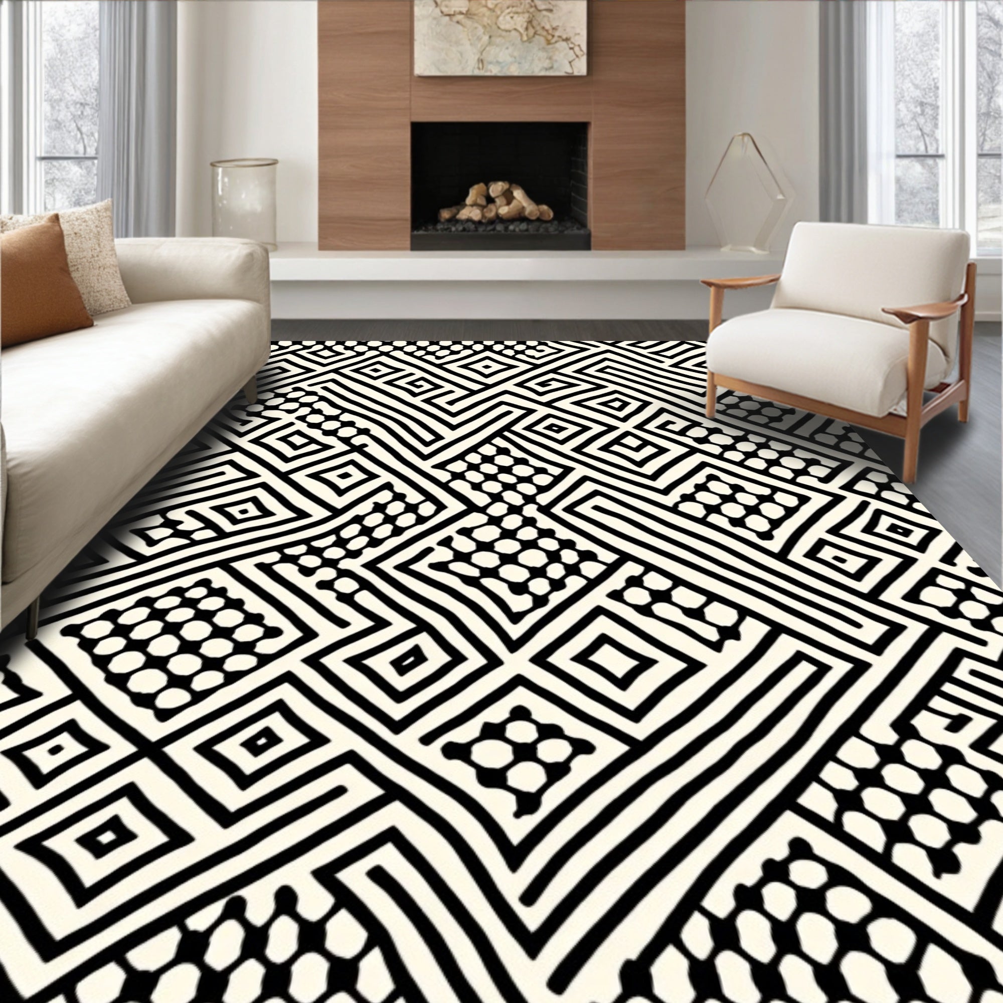 Abstract Black Cream Geometric Pattern Rug
