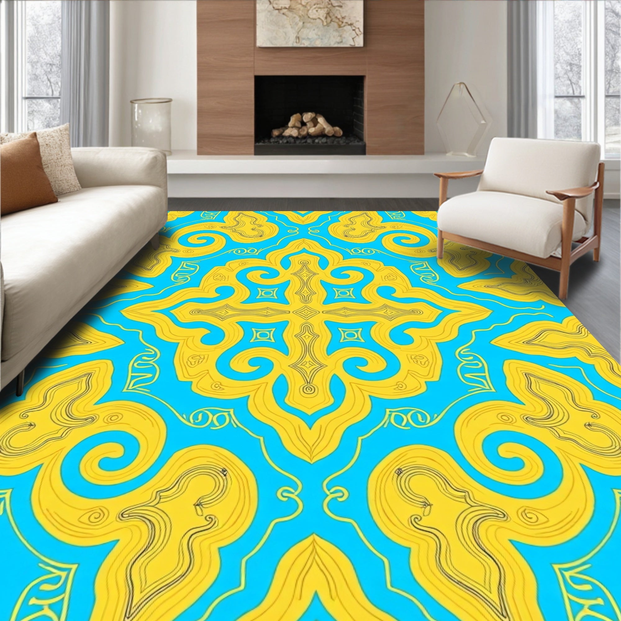 Symmetrical Yellow Blue Abstract Pattern Rug