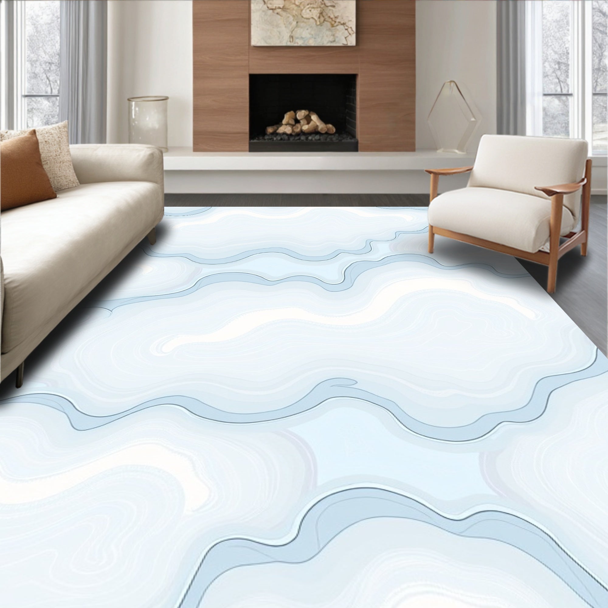 Abstract Pale Blue Wavy Lines Rug