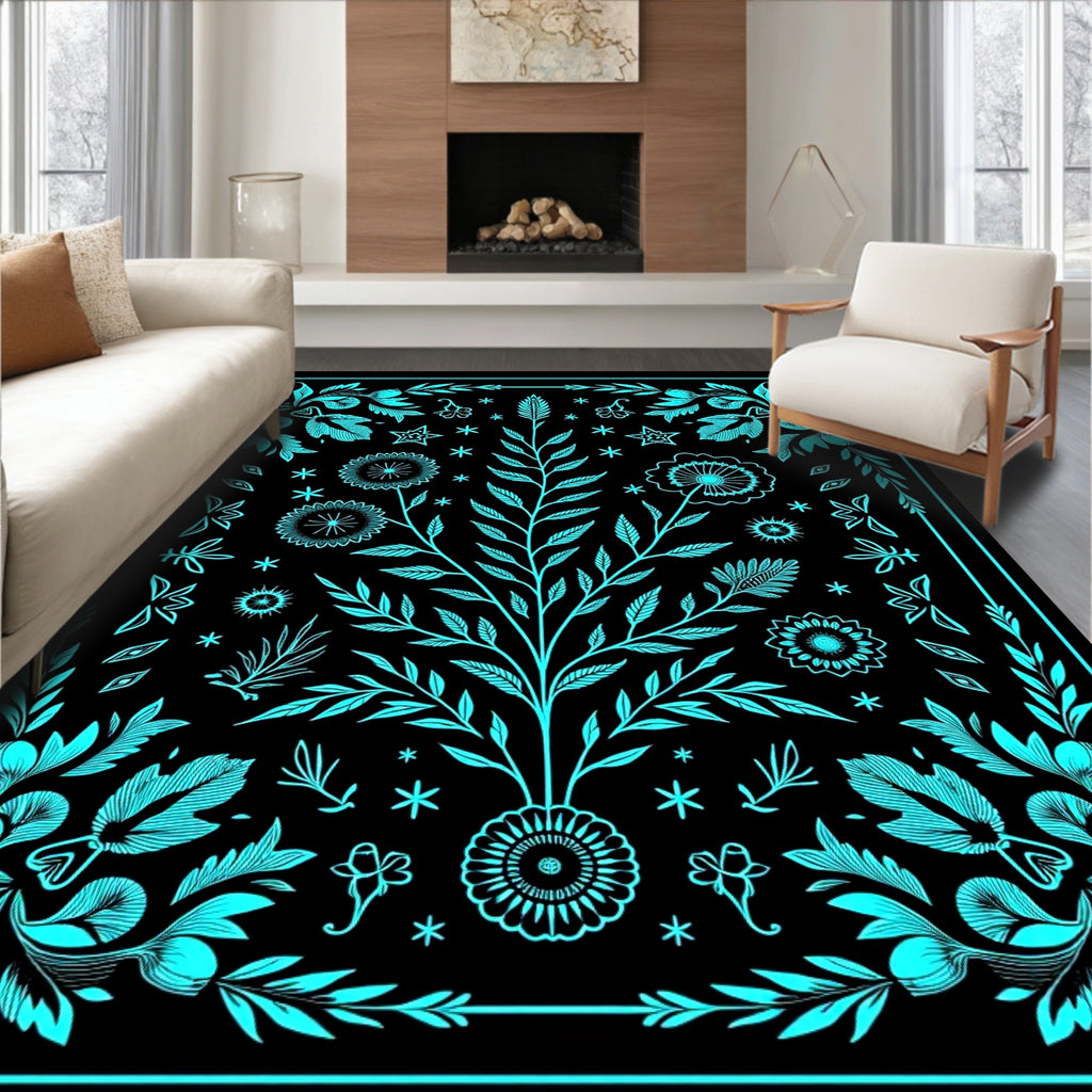 Turquoise Floral Tree Mandala Art Rug