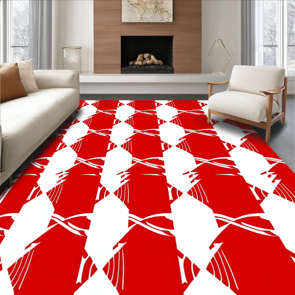 Bold Red White Geometric Pattern Rug