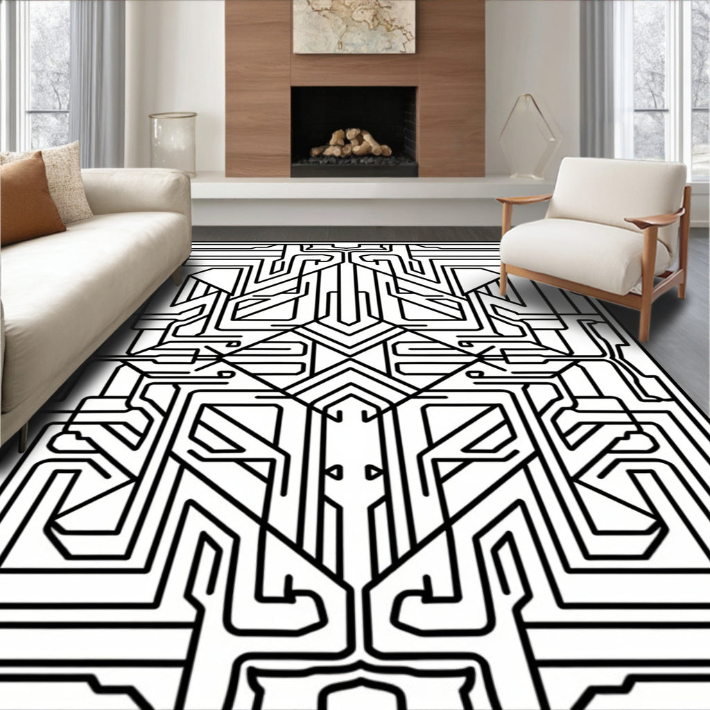 Art Deco Circuitry Black White Design Rug