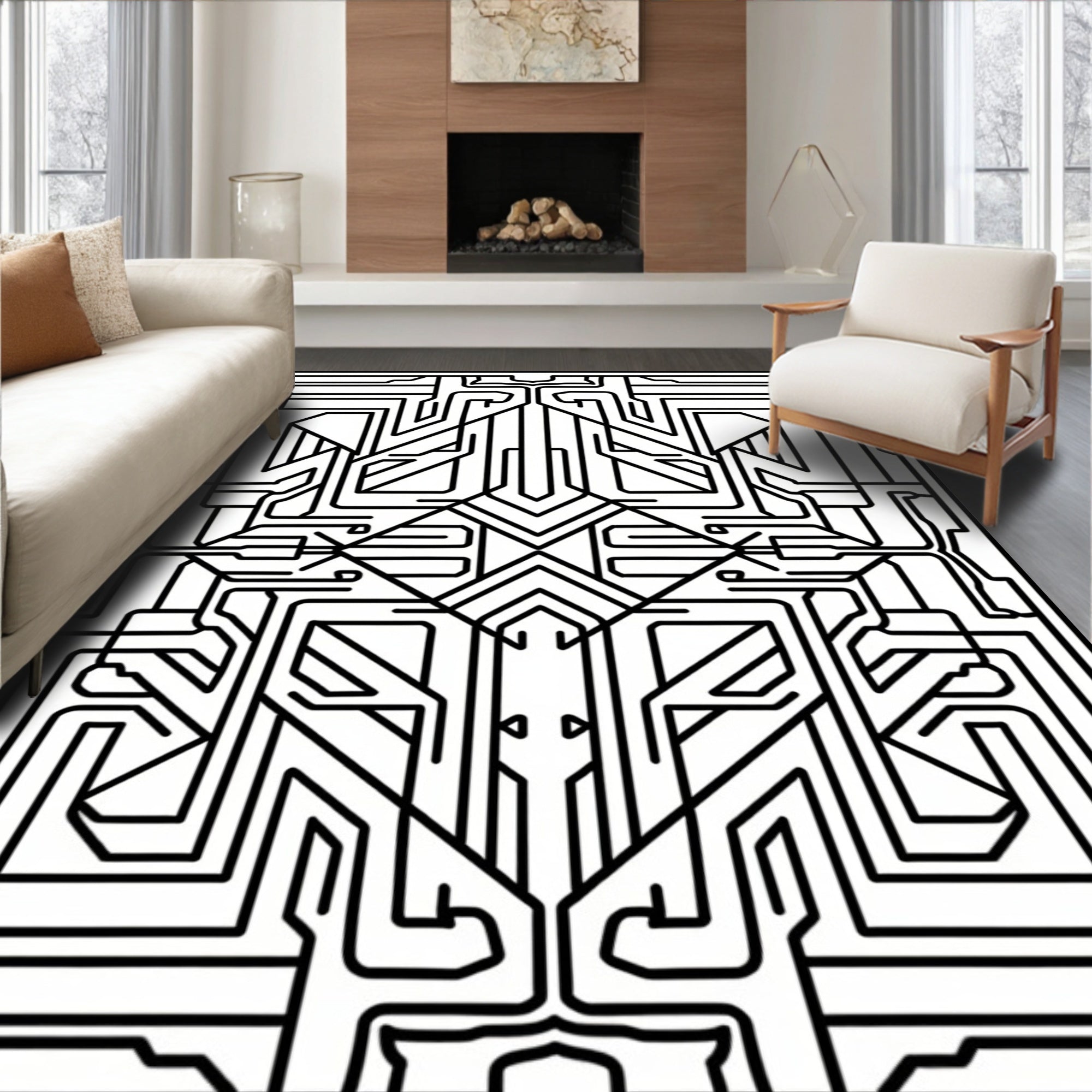Art Deco Circuitry Black White Design Rug