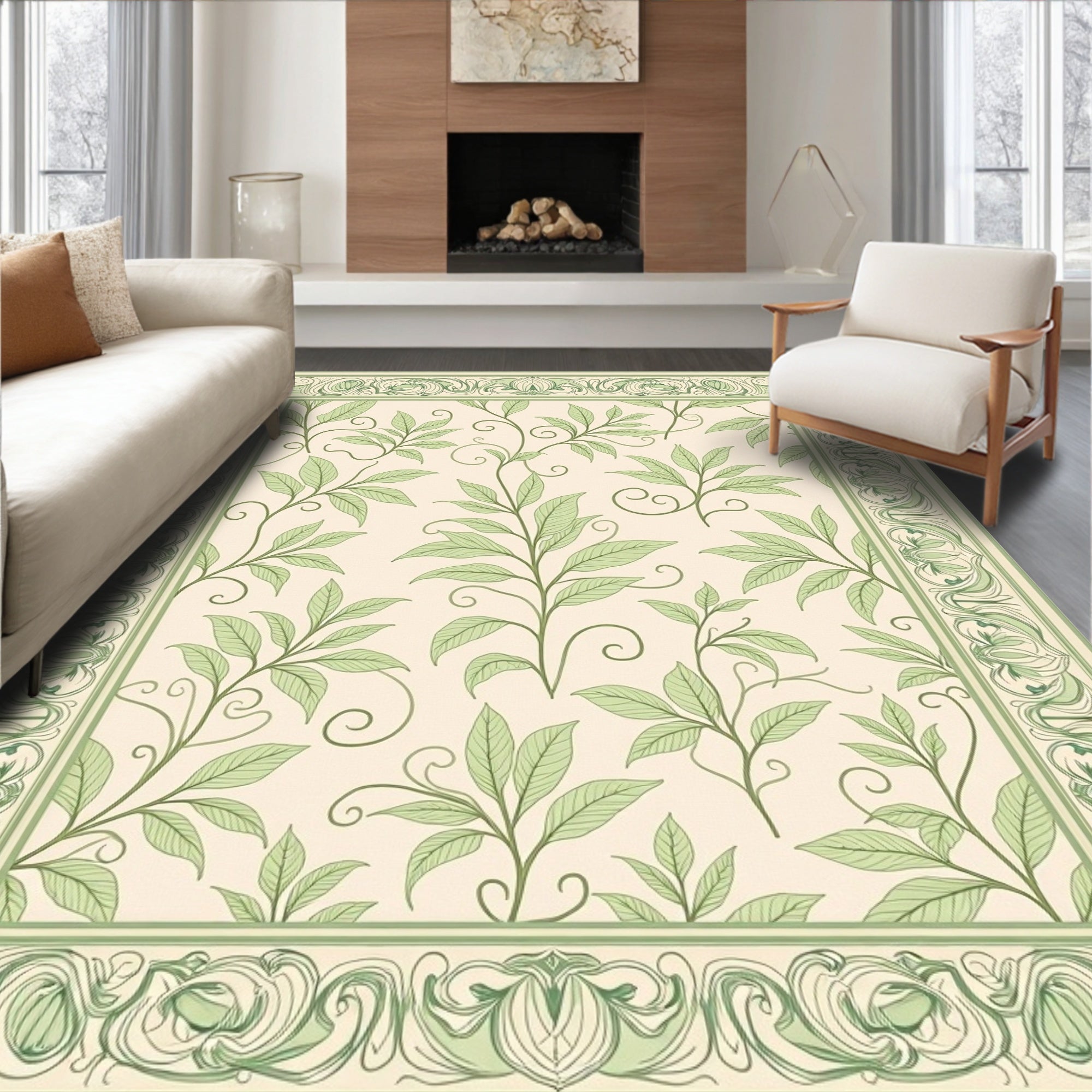 Delicate Green Leaf Vines Pattern Rug