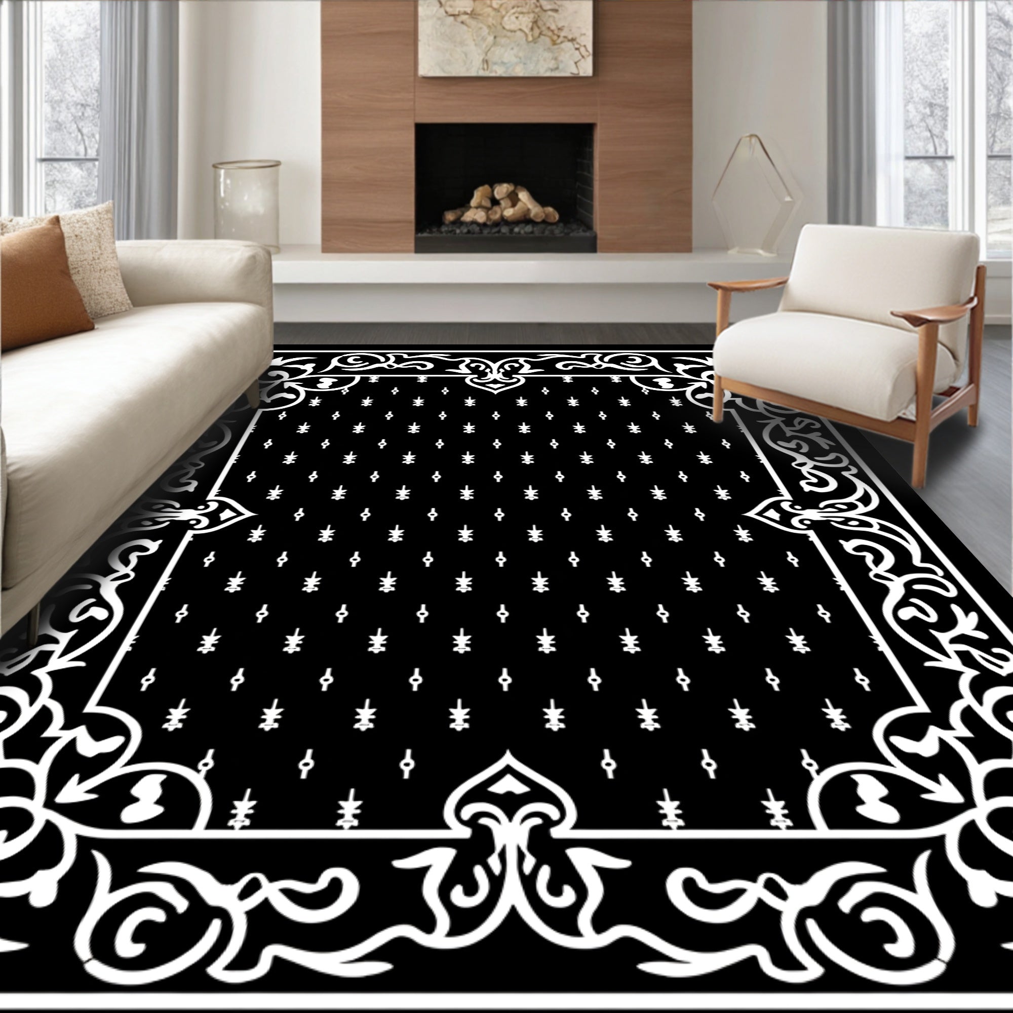 Classic Floral Scrollwork With Geometric Rug