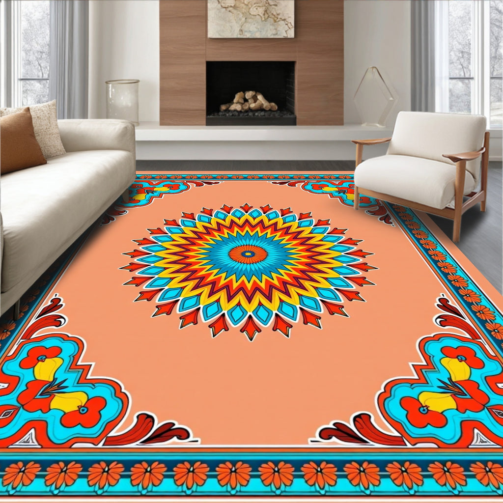 Bright Floral Mandala And Border Design Rug